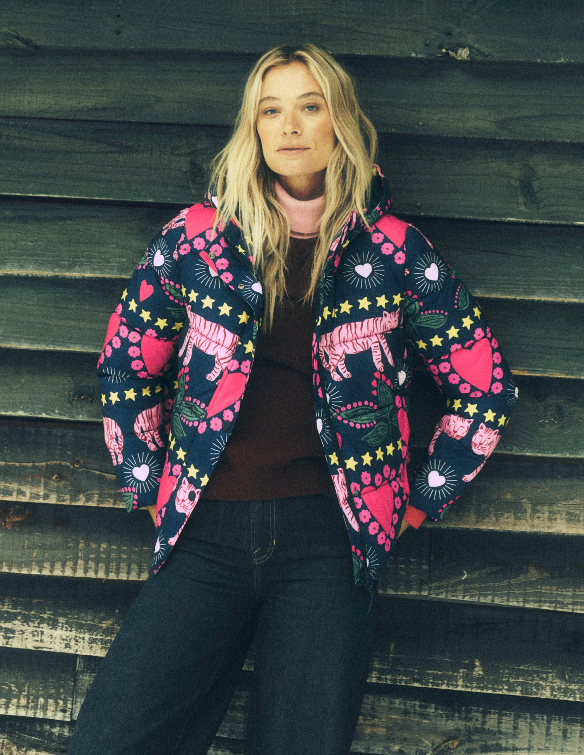 Padded Puffer Coat-French Navy, Embellished Tiger