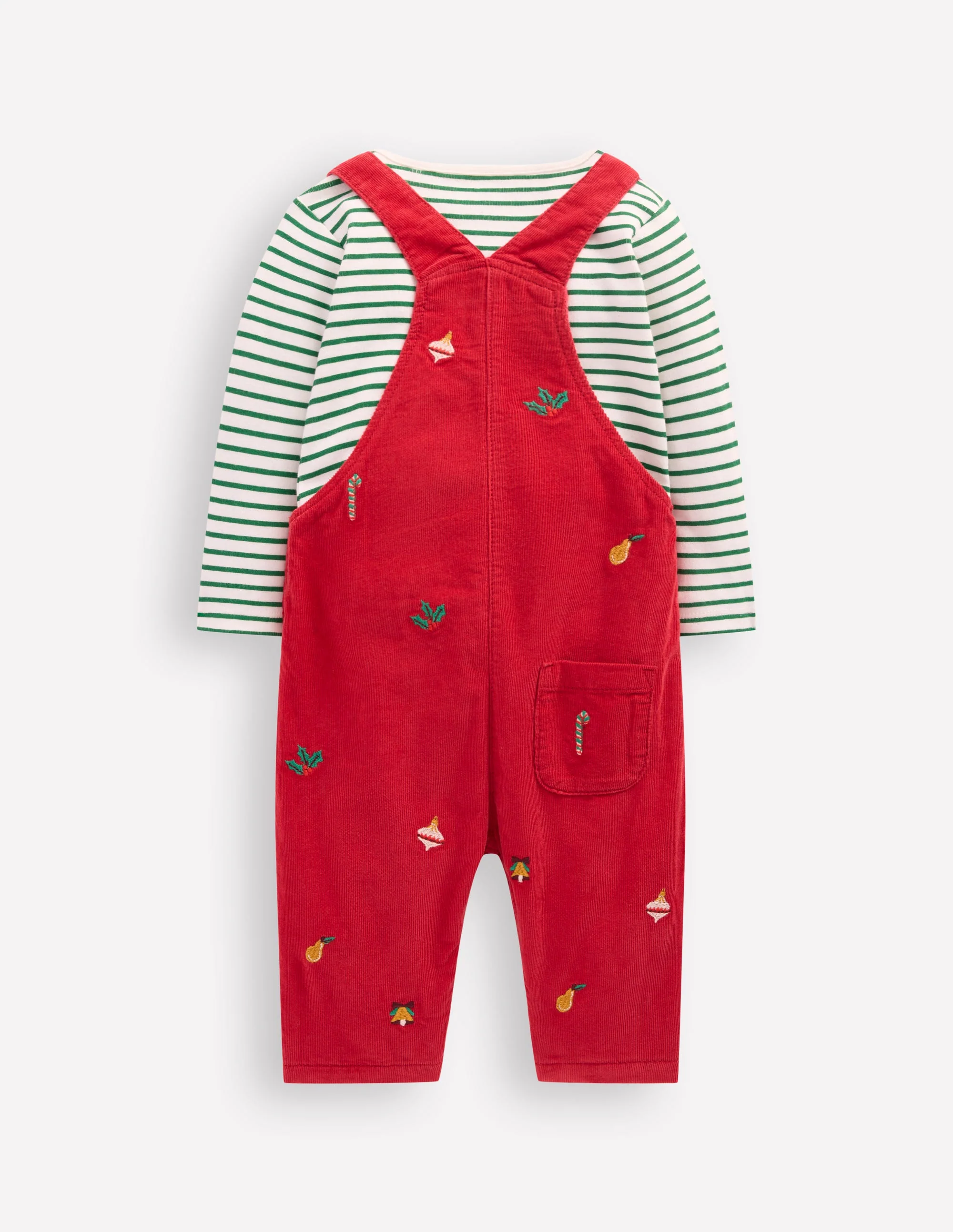 Novelty Cord Overalls Set-Red Christmas Embroidery
