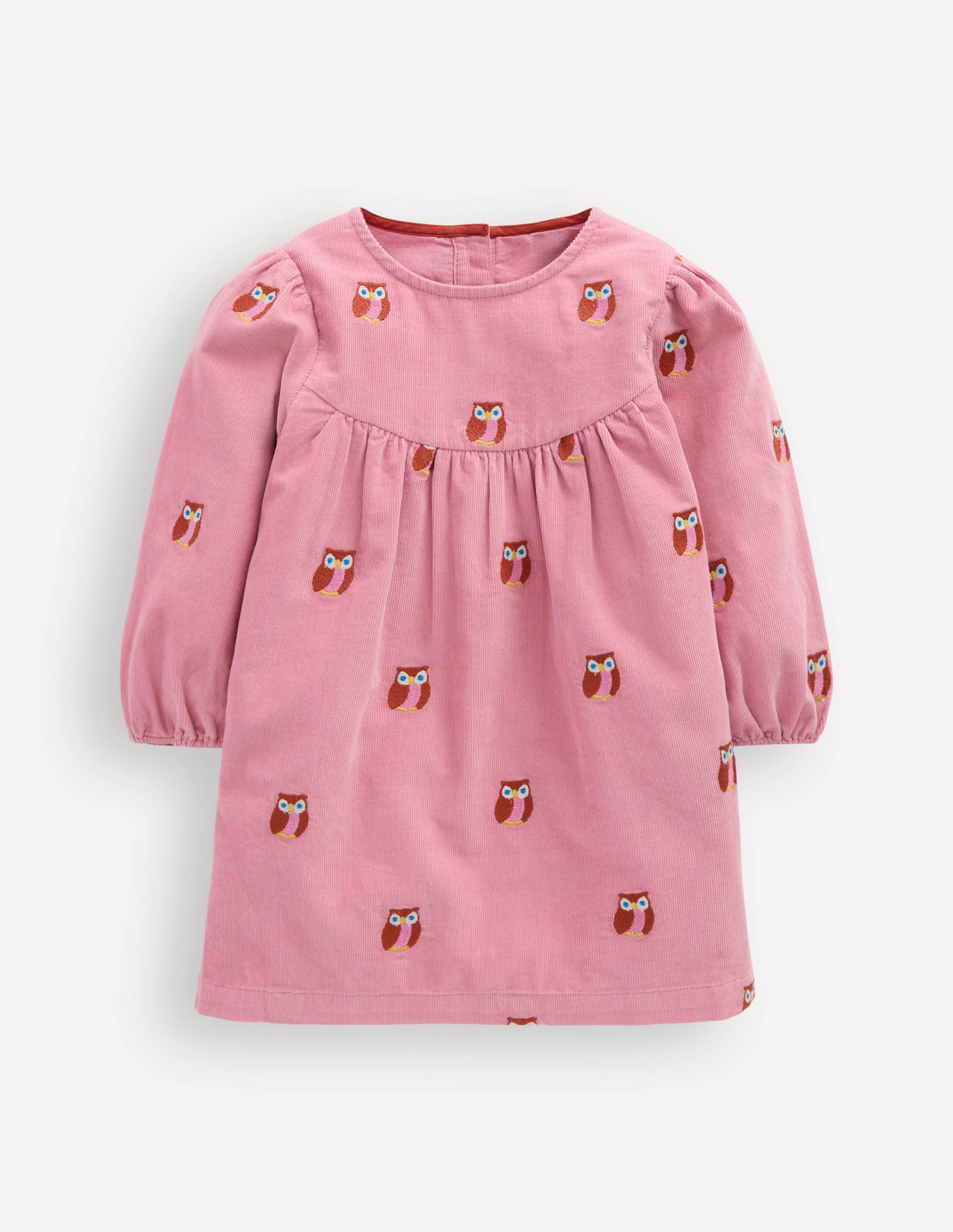 Yoke Detail Woven Dress-Pink Embroidered Owls