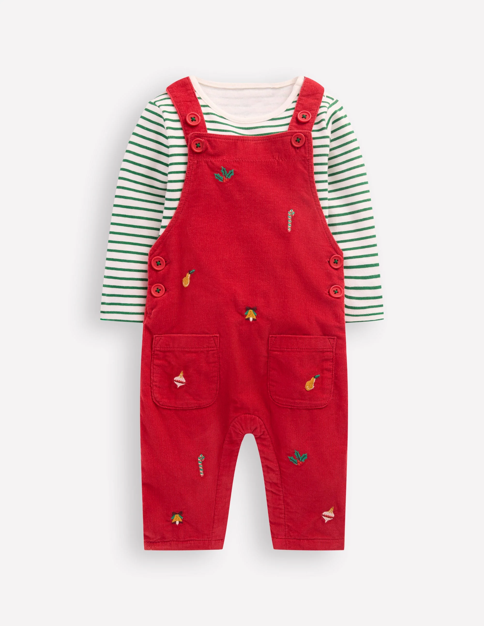 Novelty Cord Overalls Set-Red Christmas Embroidery