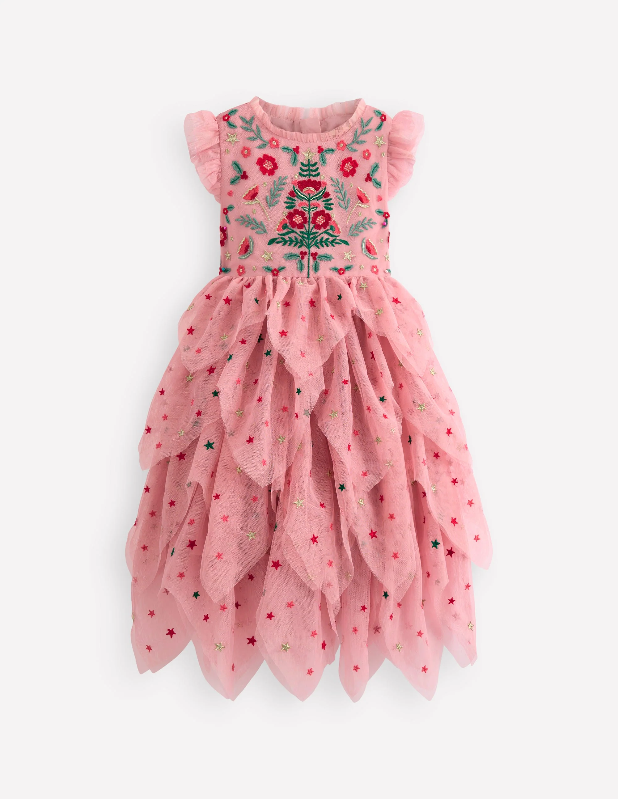Tiered Tulle Party Dress-Vintage Pink Embroidery