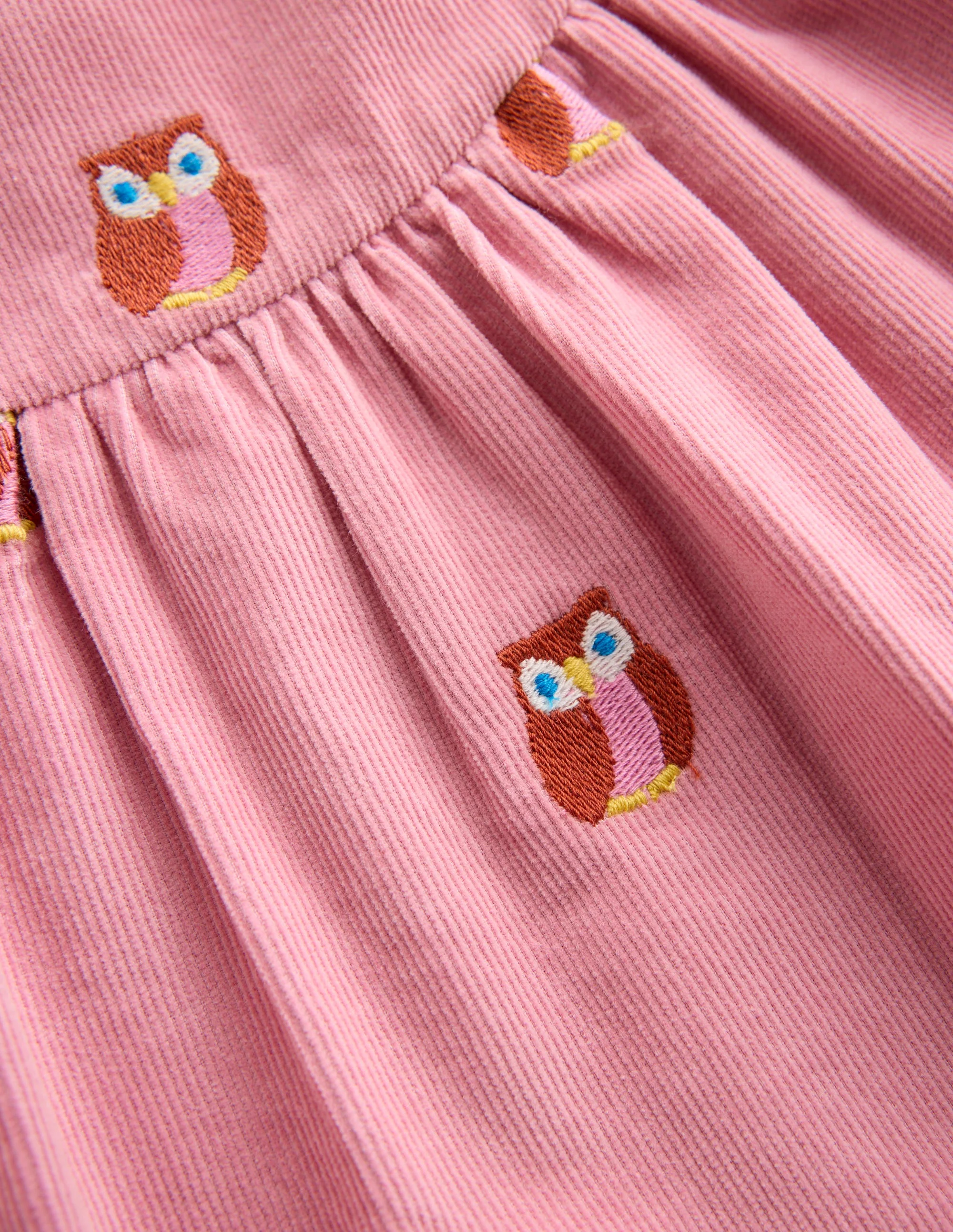 Yoke Detail Woven Dress-Pink Embroidered Owls