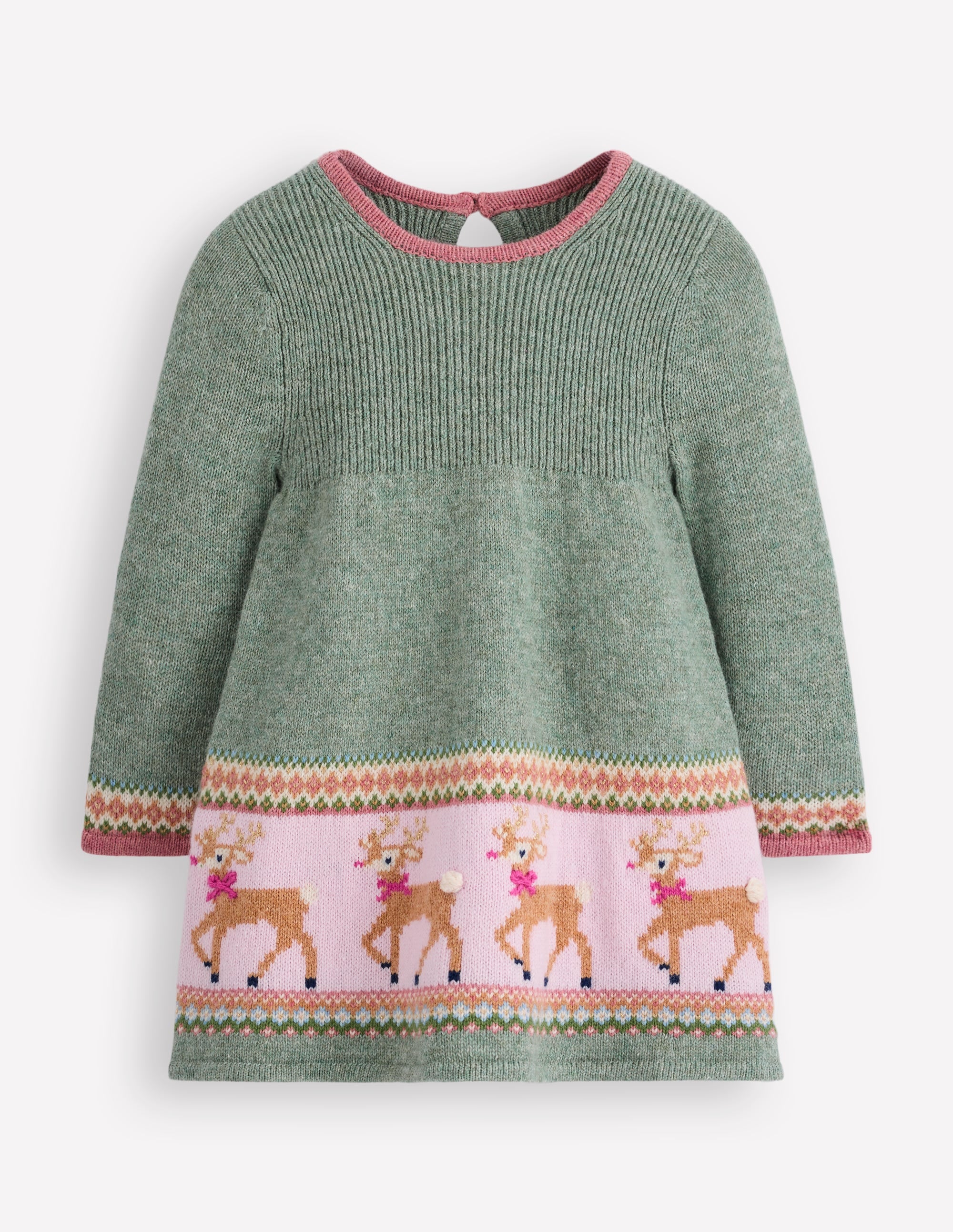 Fair Isle Knitted Dress-Eucalyptus Reindeer Fair Isle