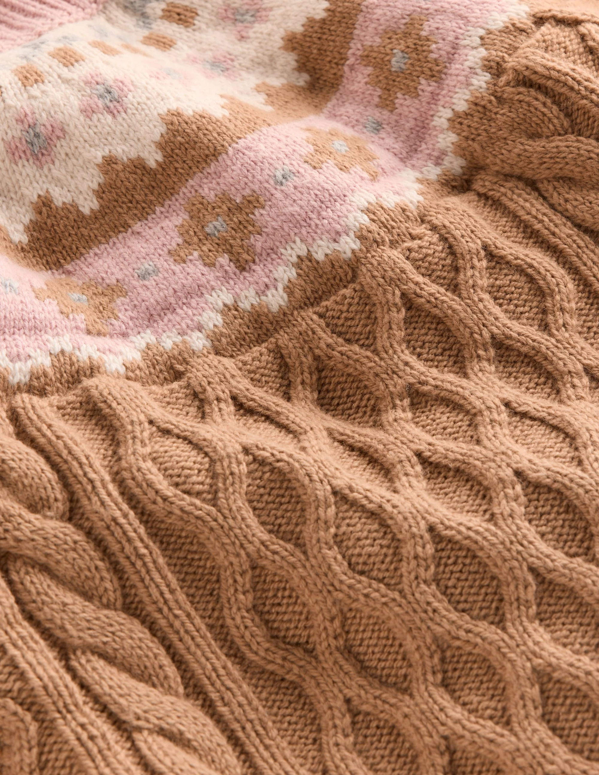 Fair Isle Cable Sweater-Camel Melange