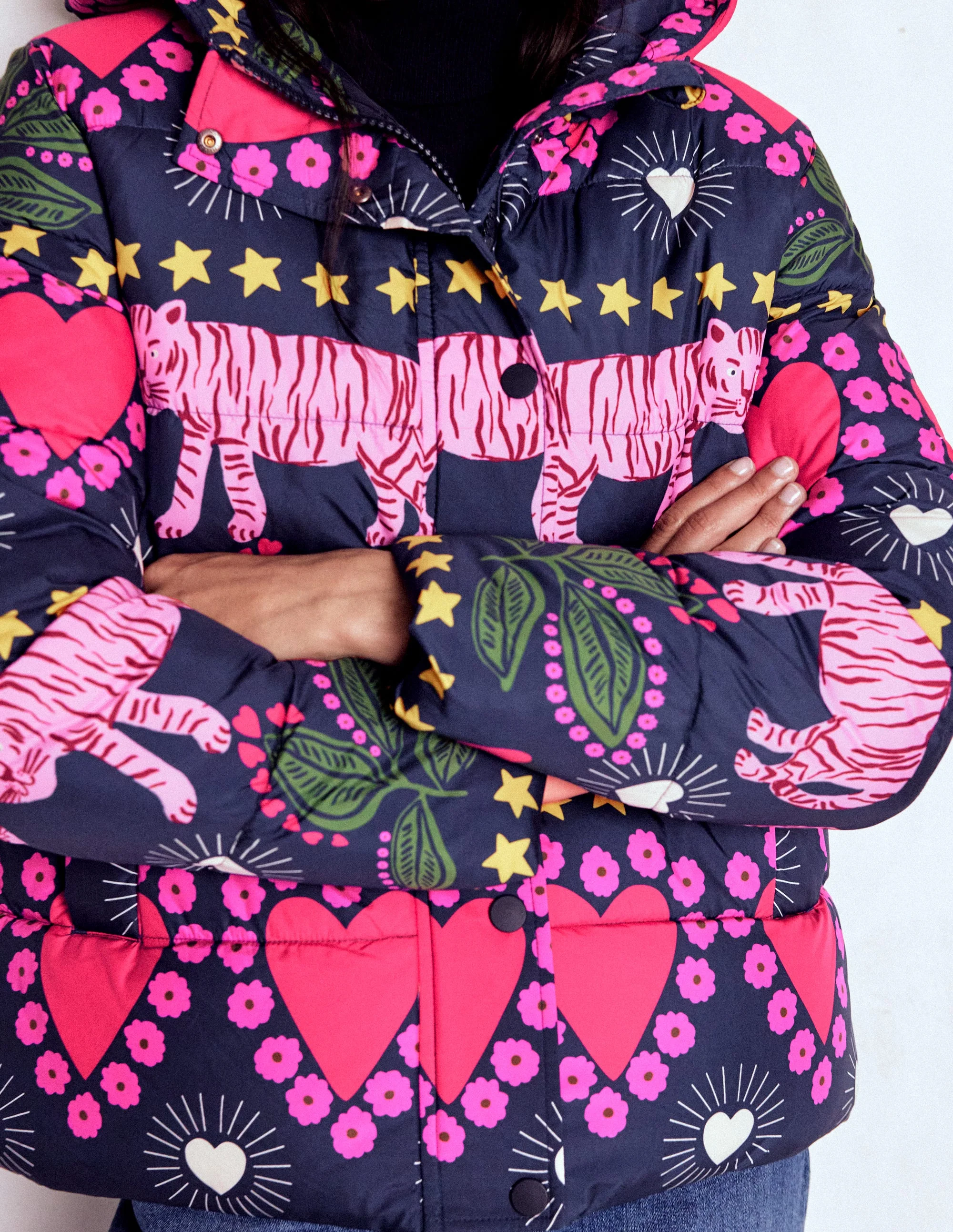 Padded Puffer Coat-French Navy, Embellished Tiger