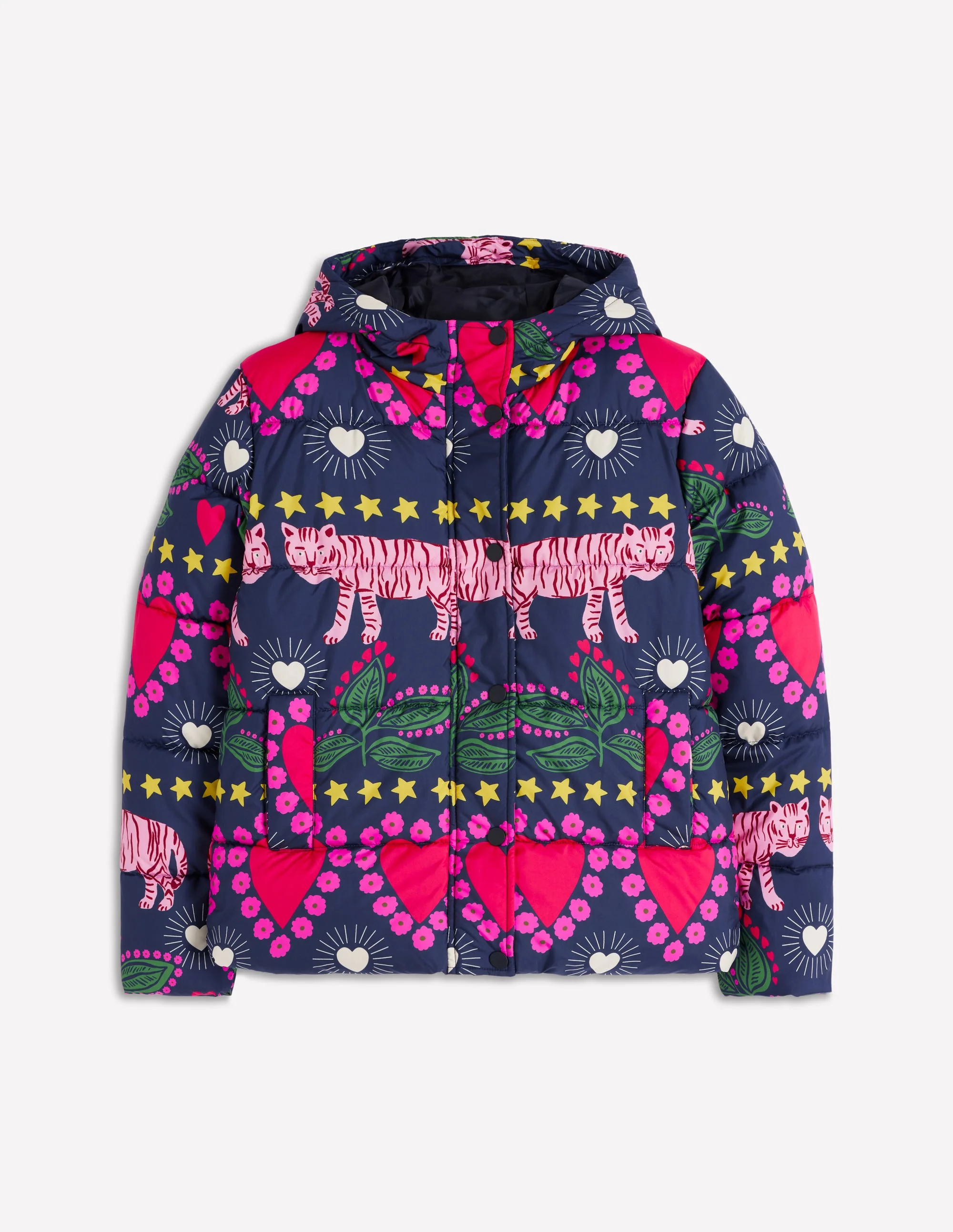 Padded Puffer Coat-French Navy, Embellished Tiger