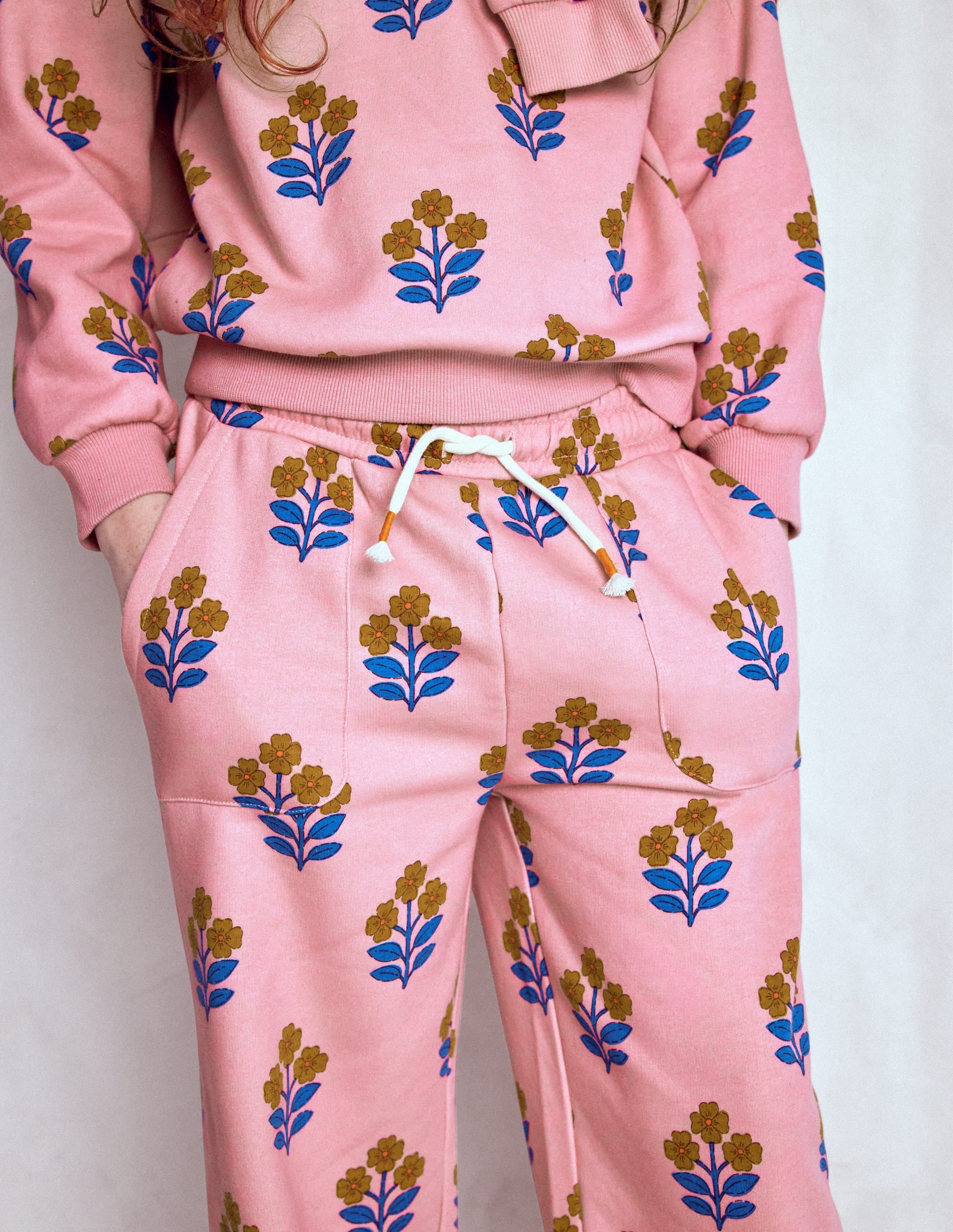 Wide Leg Printed Sweatpants-Formica Pink Woodblock Flower