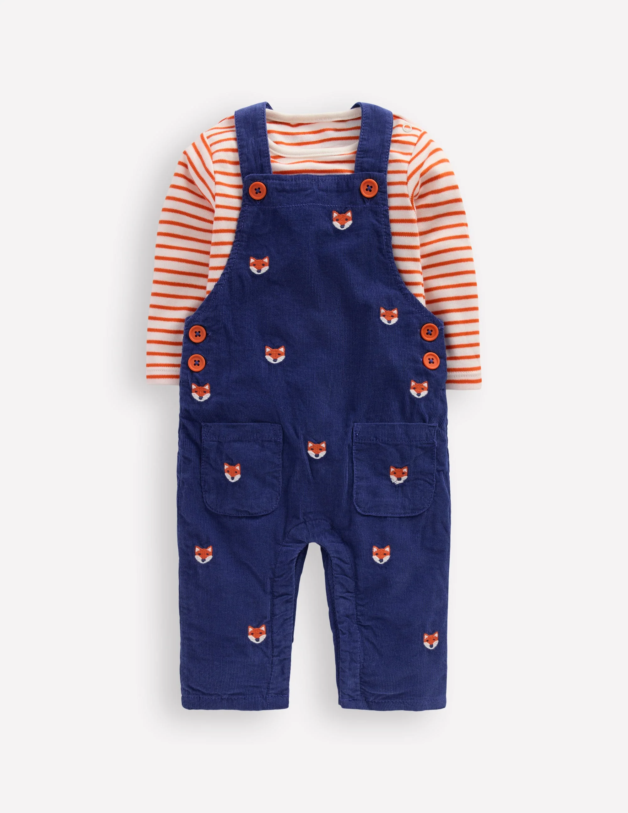 Novelty Cord Overalls Set-Navy Fox Embroidery