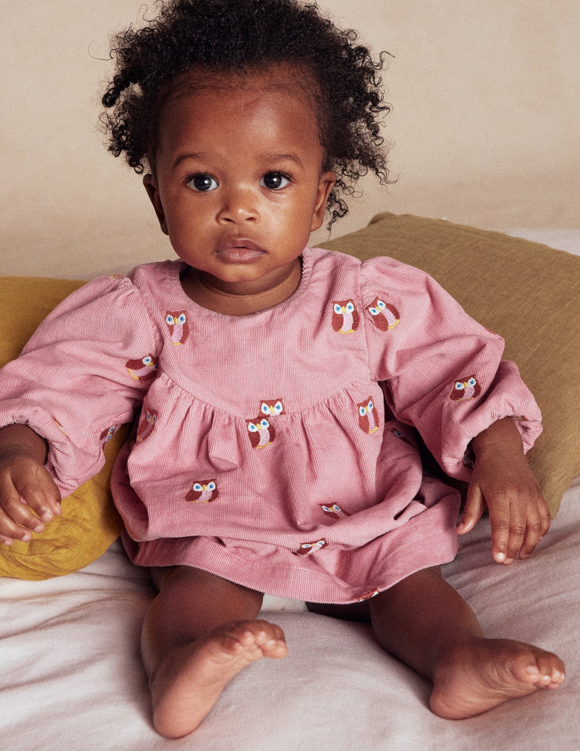 Yoke Detail Woven Dress-Pink Embroidered Owls