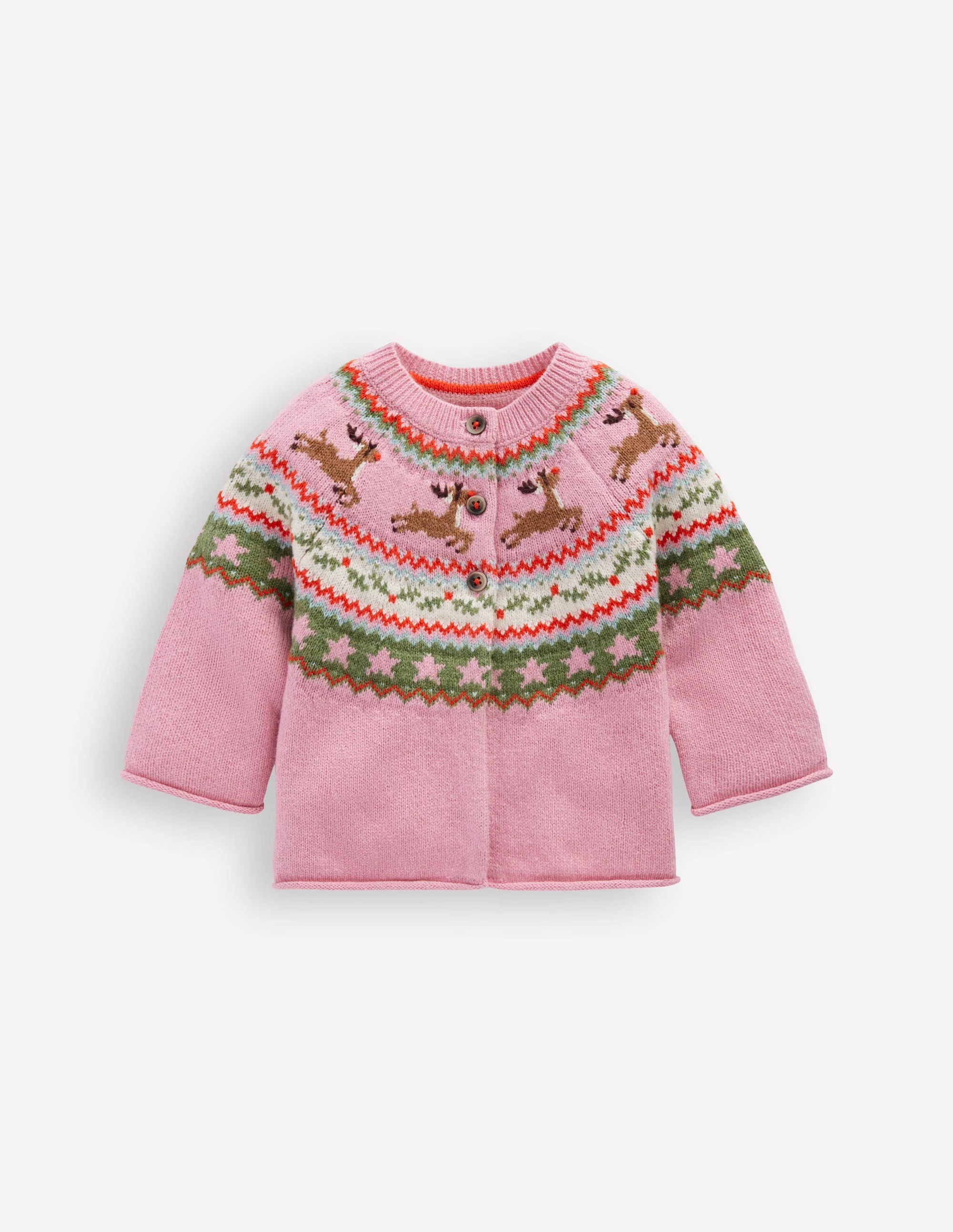 Edie Fair Isle Cardigan-Pink Festive Reindeer
