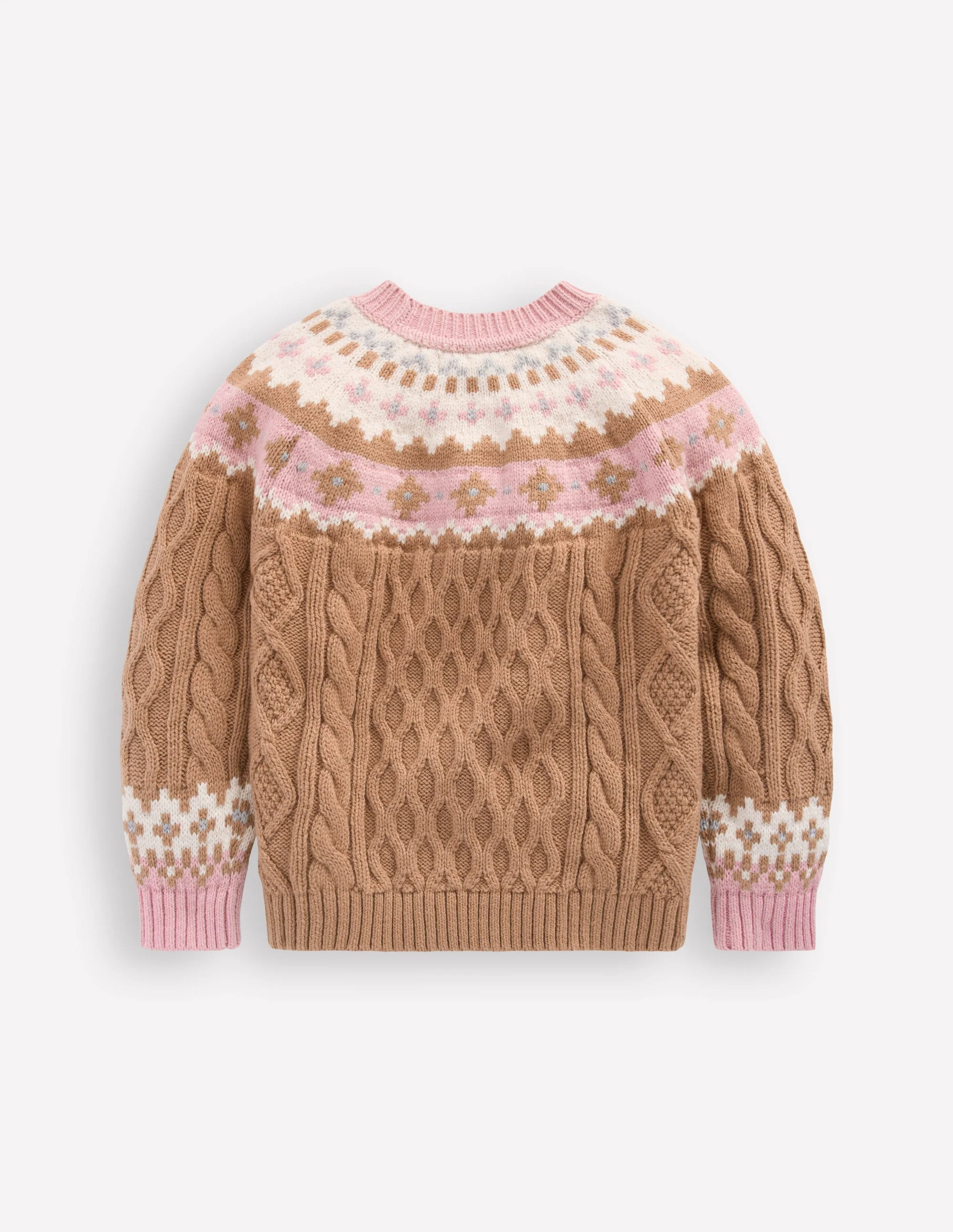 Fair Isle Cable Sweater-Camel Melange