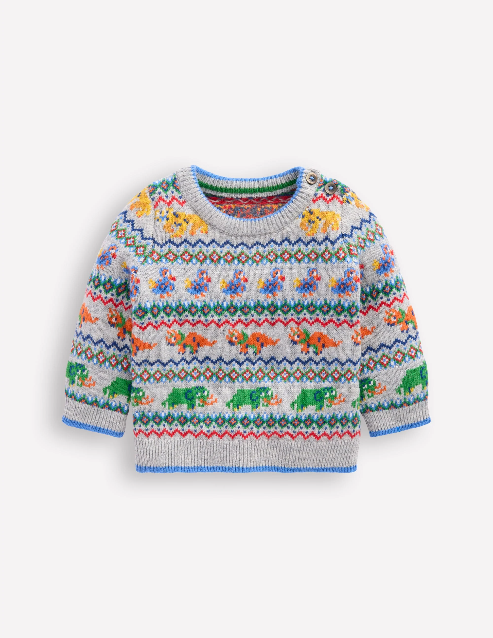 Fair Isle Button Jumper-Grey Marl Prehistoric Animals