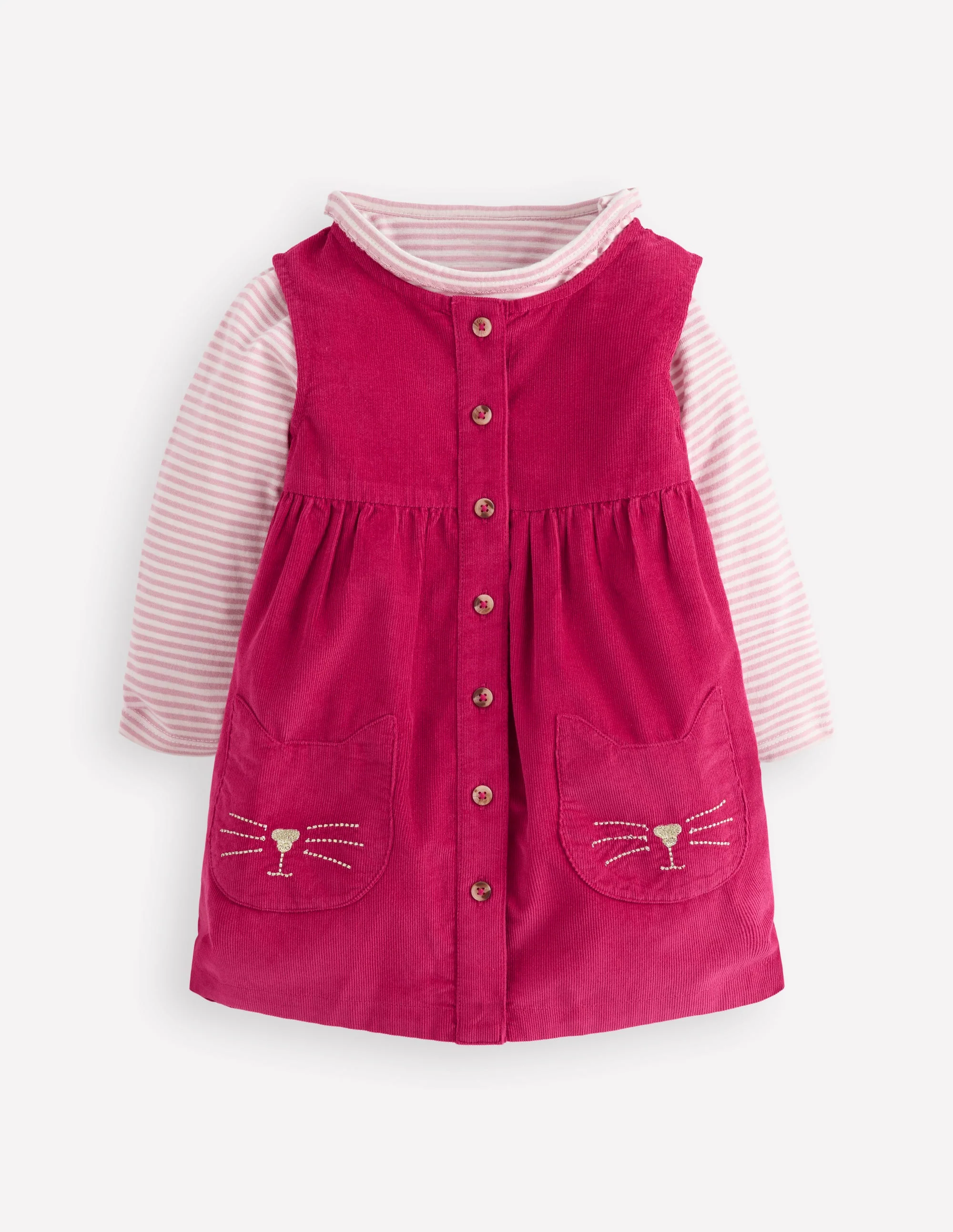Woven Pinny Dress Set-Bright Cherry Kittens