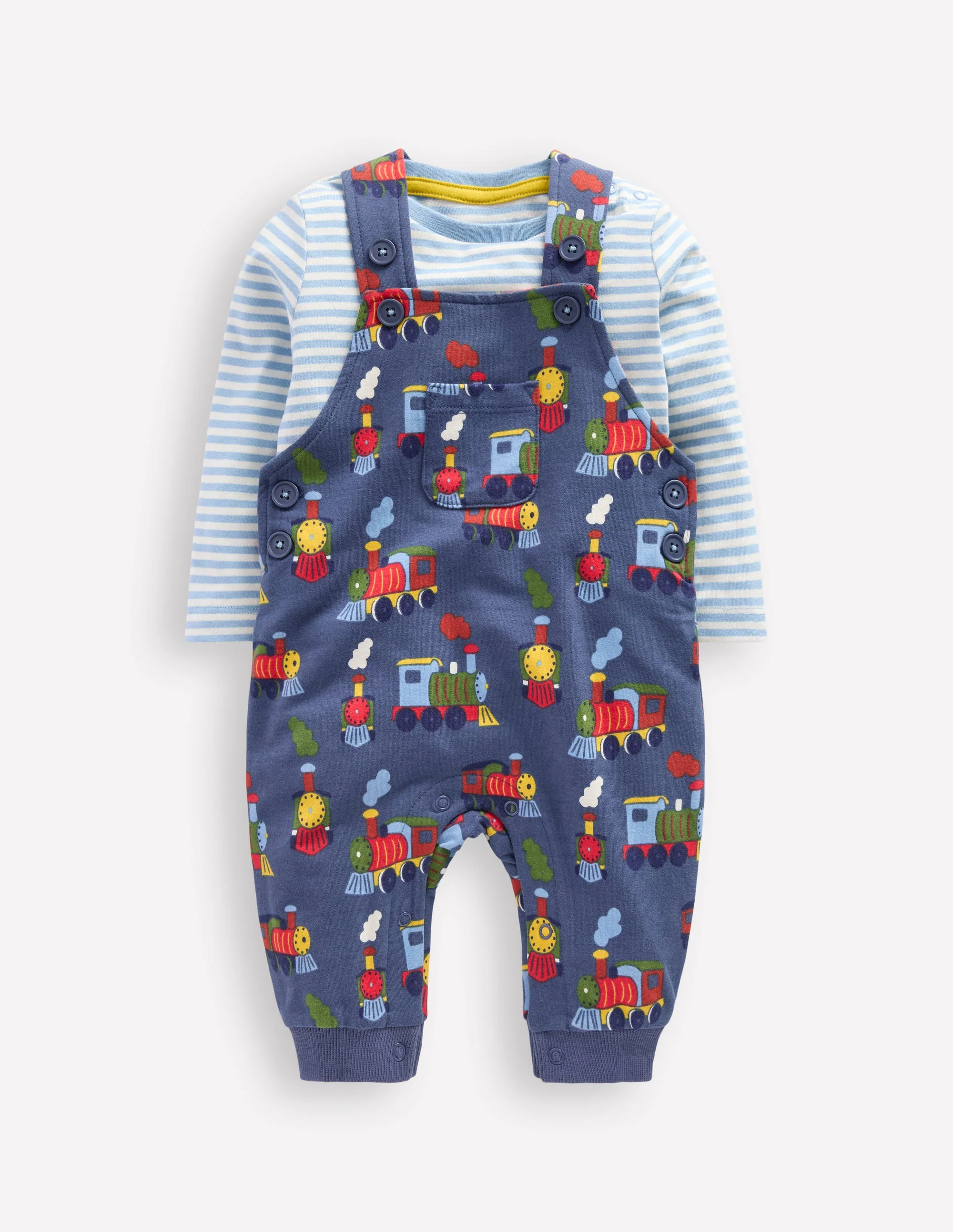 Printed Jersey Overalls Set-Blue Marl Trains