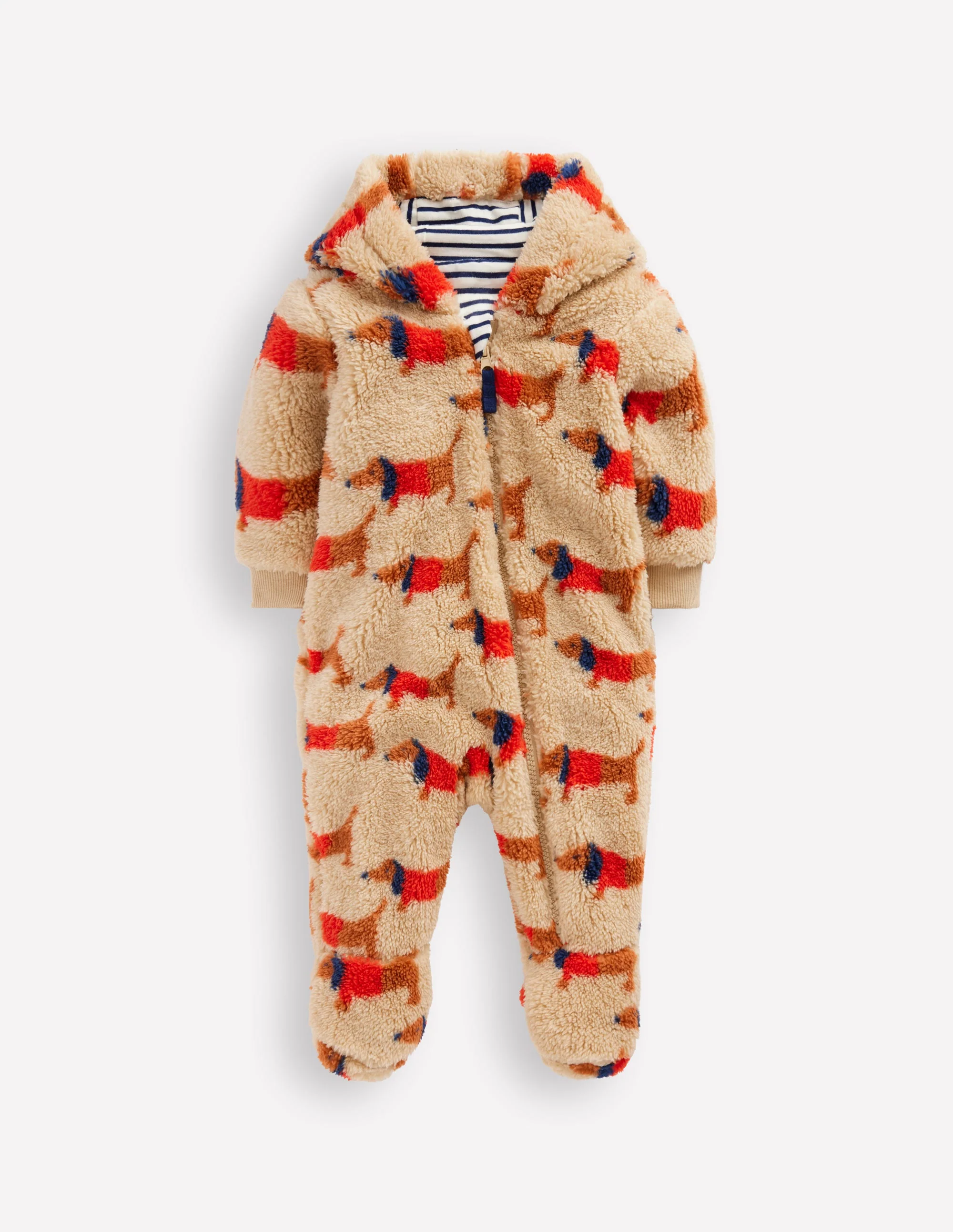 Printed Fleece Pramsuit-Oatmeal/Mars Red Sausage Dogs