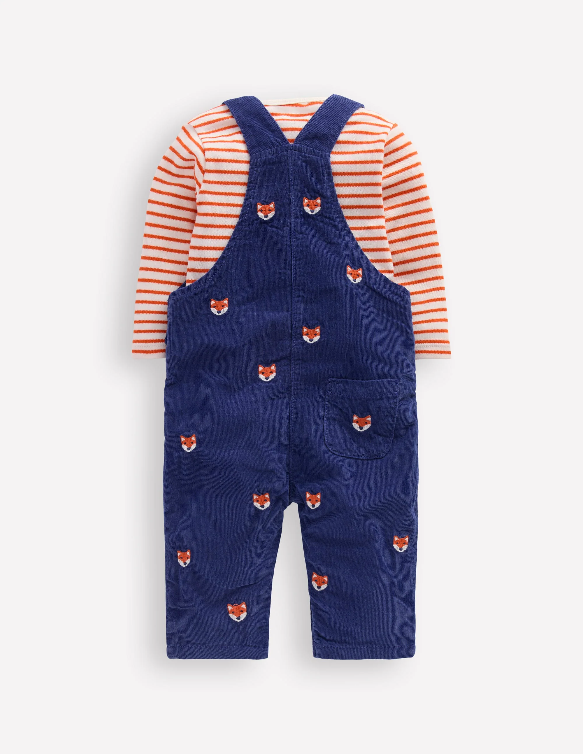 Novelty Cord Overalls Set-Navy Fox Embroidery