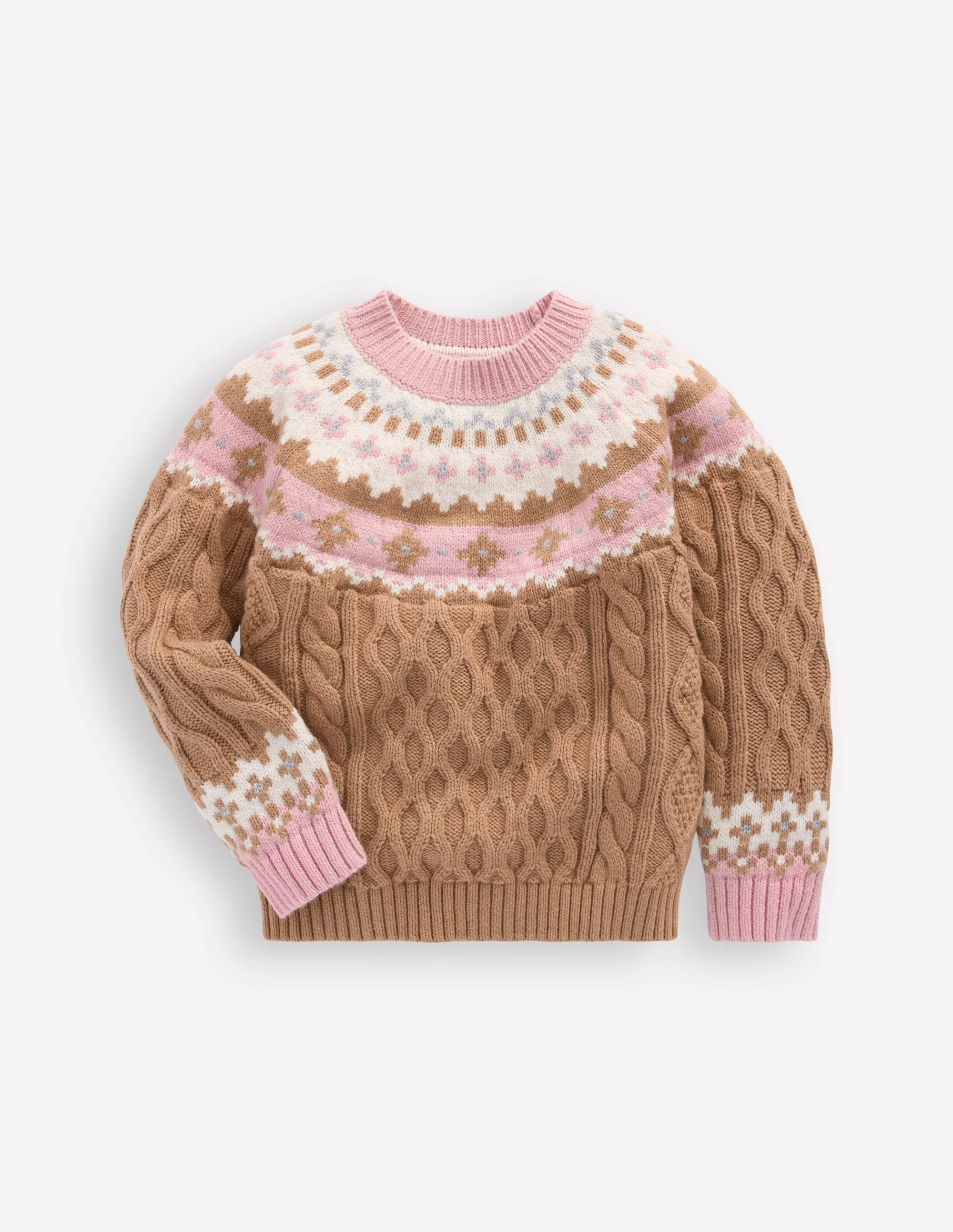 Fair Isle Cable Sweater-Camel Melange