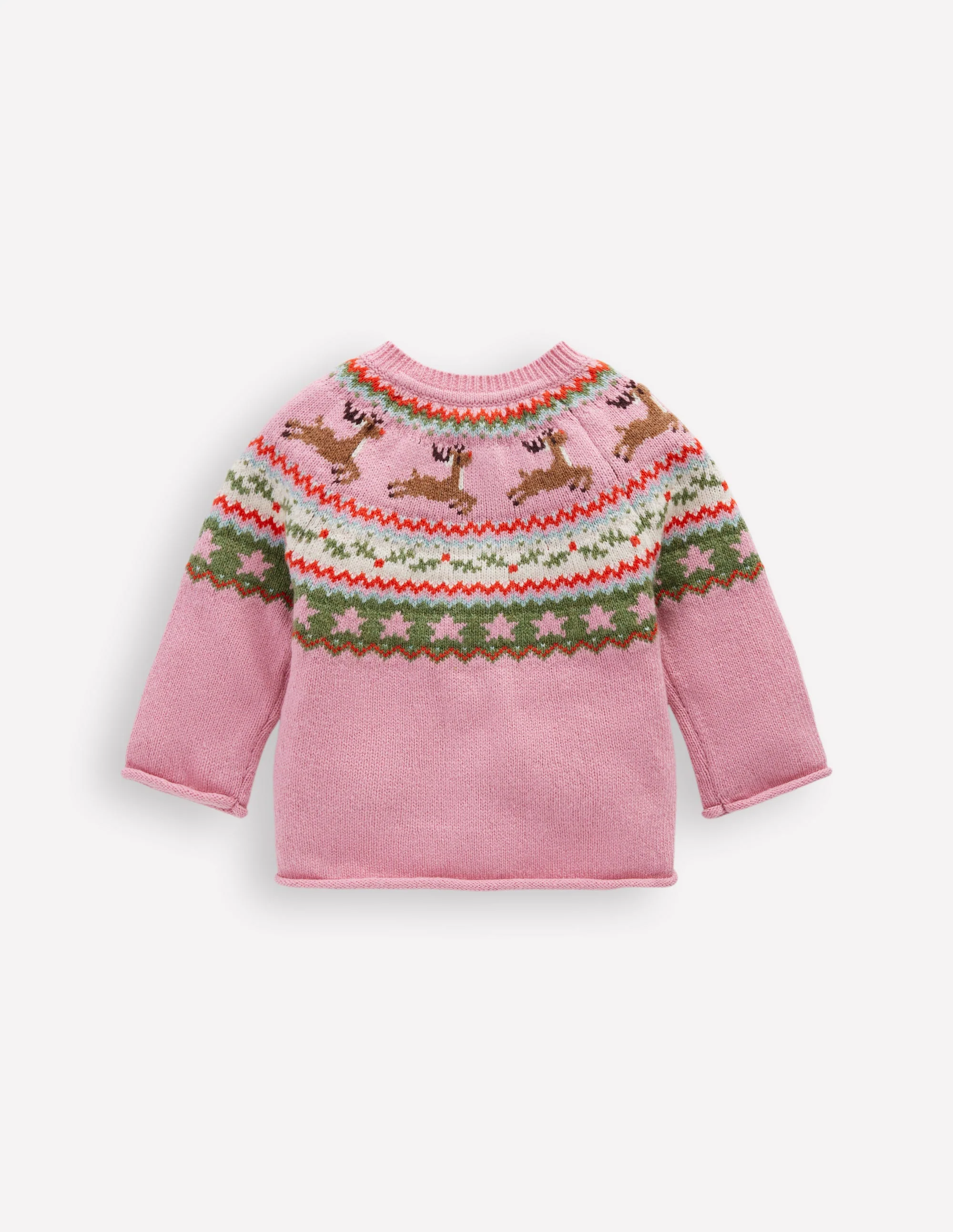 Edie Fair Isle Cardigan-Pink Festive Reindeer