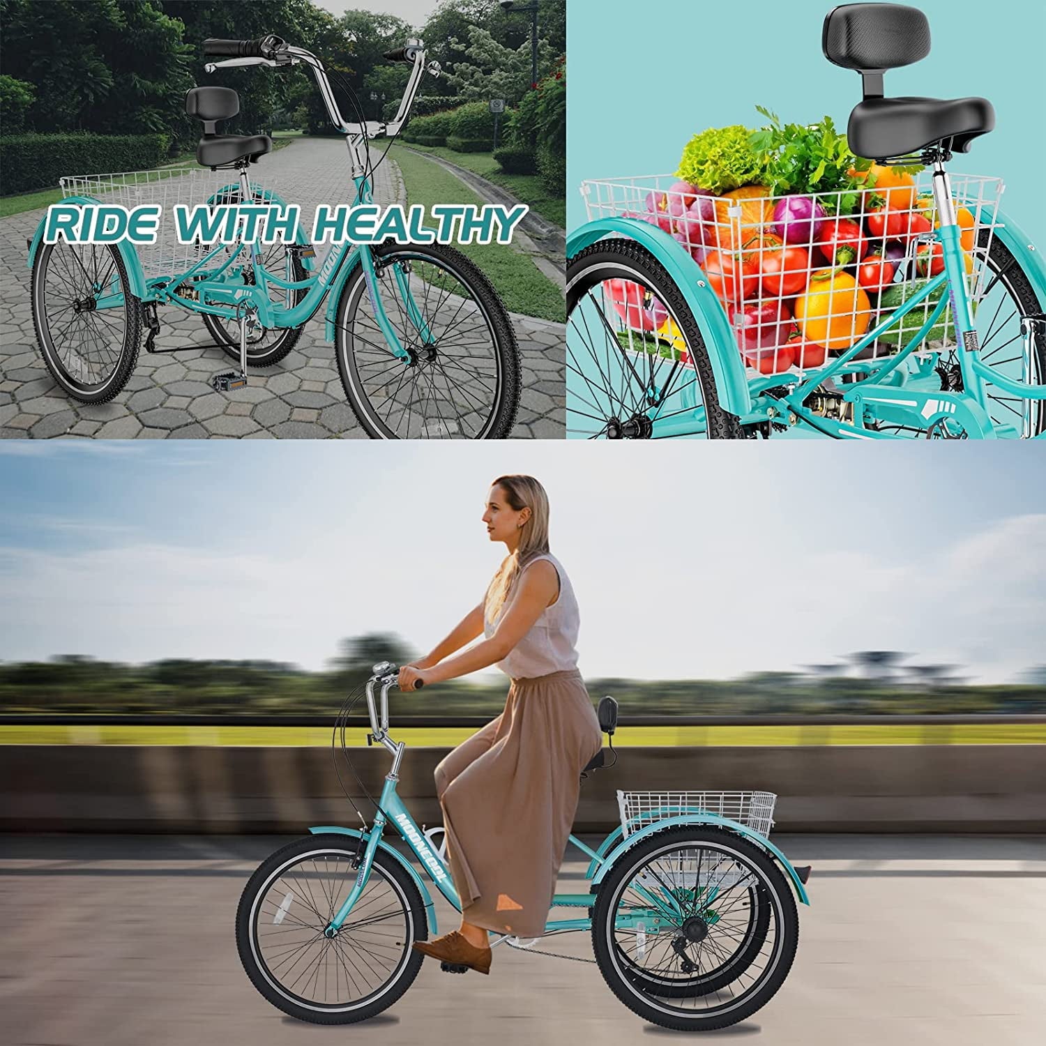 Adult Tricycle 20/24/26 inch 7 Speed. Three Wheel Bicycle for Adult. Trike Cruiser W/ Tools & Big Basket for Exercise Shopping Picnic Outdoor Activities