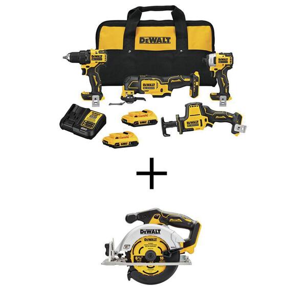 ATOMIC 20V MAX Lithium-Ion Cordless Brushless 4 Tool Combo Kit and 20V MAX Cordless Brushless 6.5 in. Circular Saw