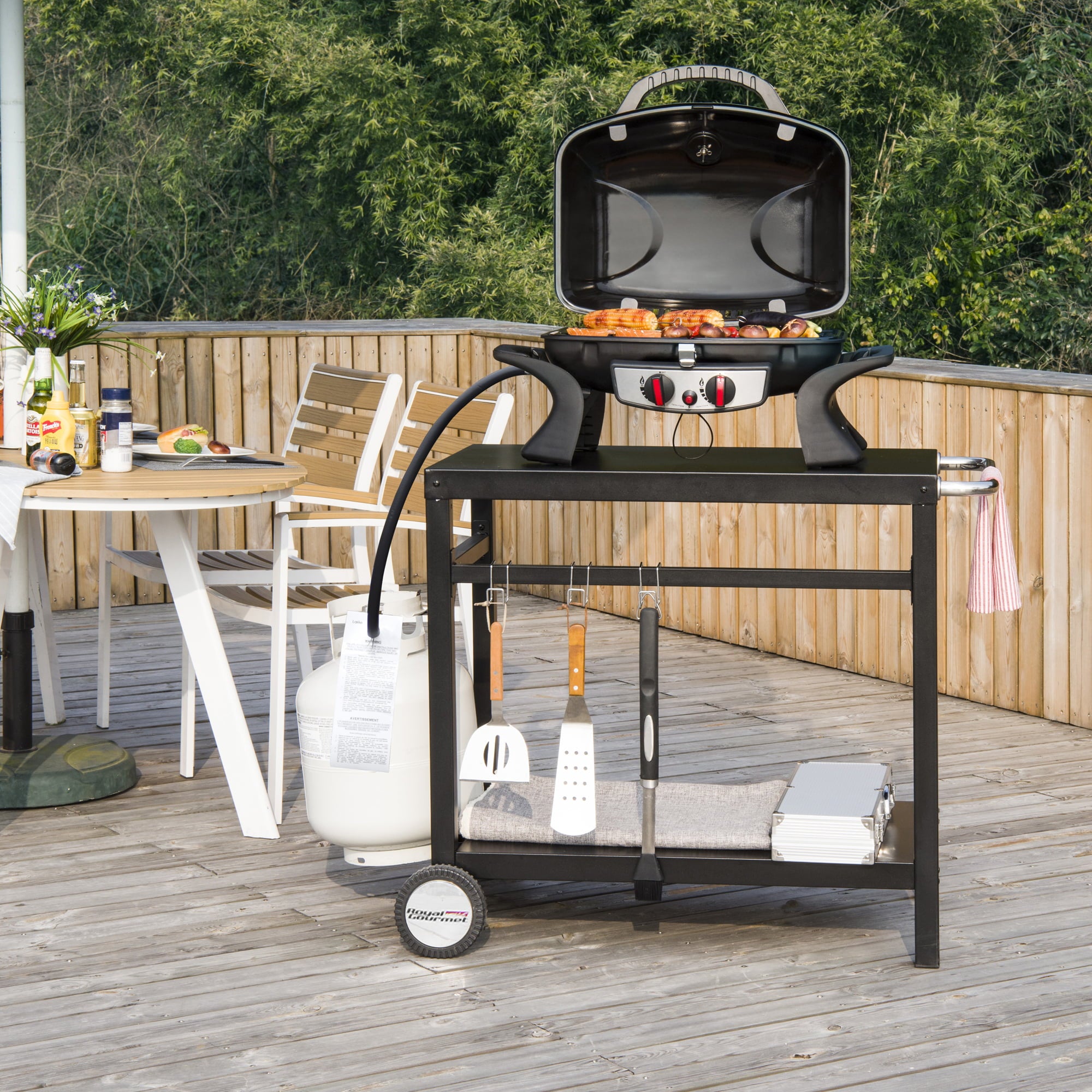 Gourmet PC3401B Double Shelf Movable Dining Cart Work Table. Outdoor Food Preparation Cart