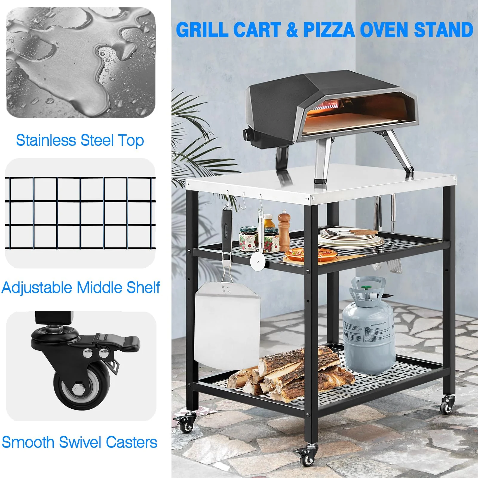 WEASHUME Stainless Steel Grill Cart Pizza Oven Stand Trolley Table