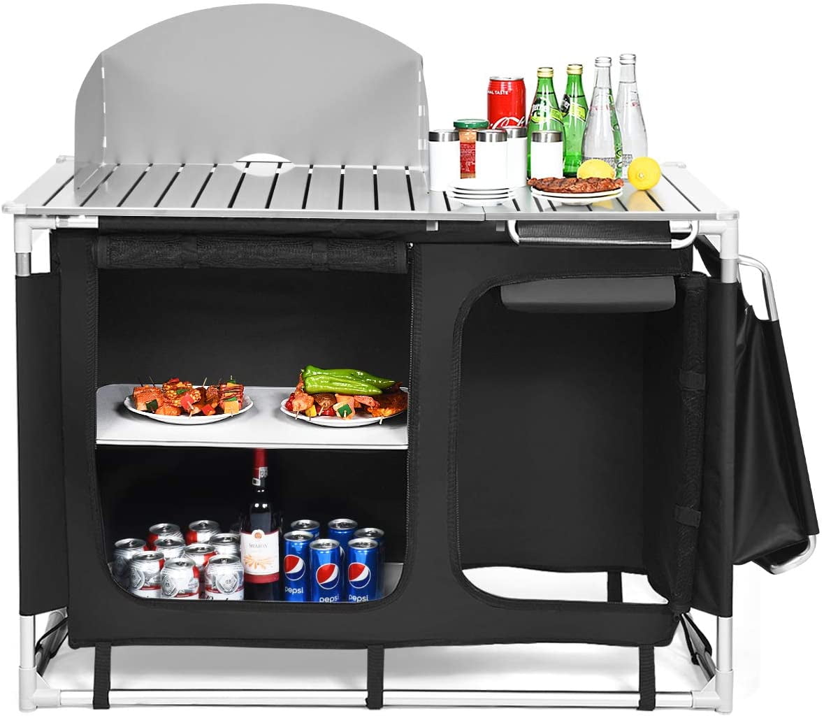 Camping Kitchen Table. Camping Grill Table w/Windscreen & Storage Organizer. Outdoor Kitchen Cook Station with Basin for BBQ. Party. Picnics. Backyards. BBQ Table