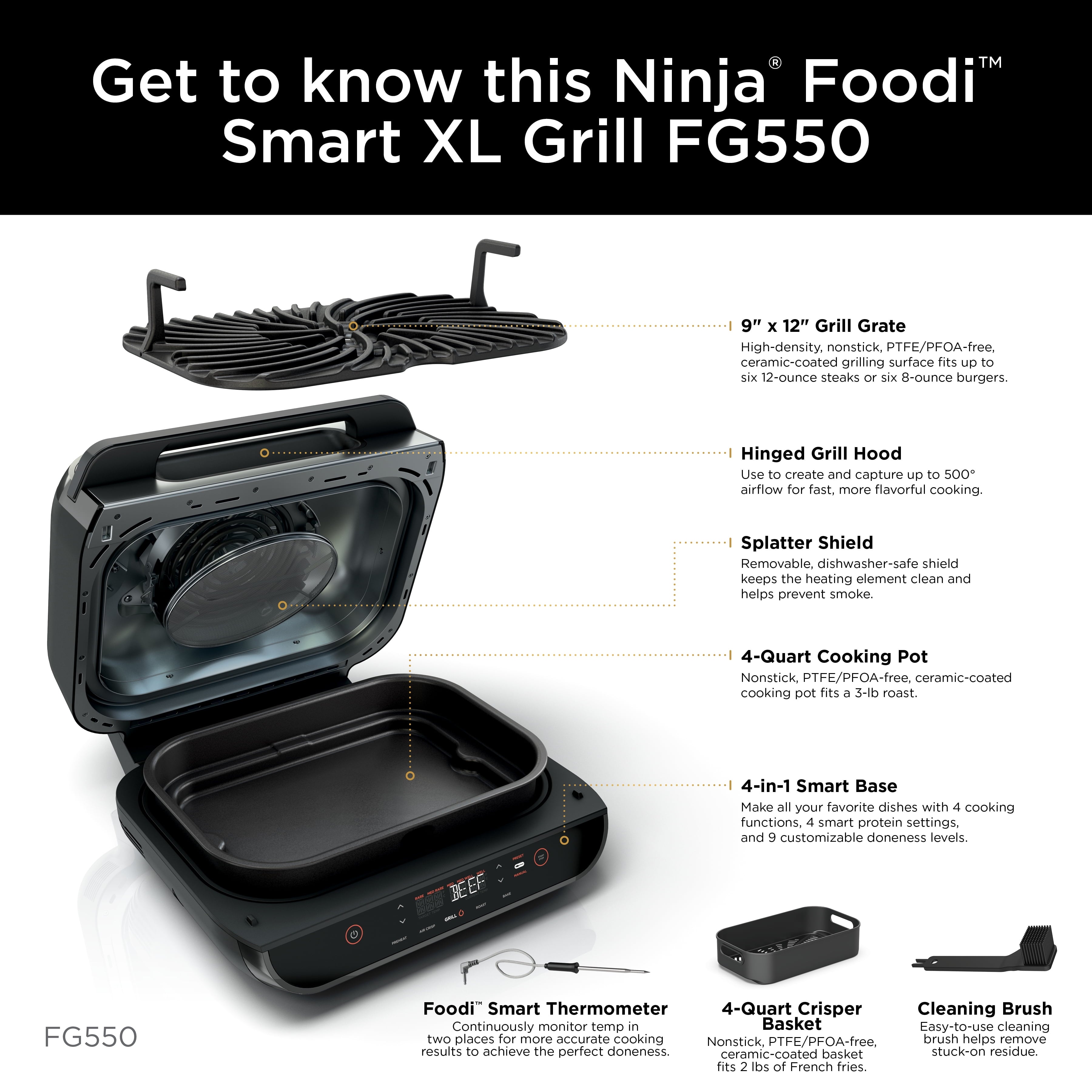 Foodi Smart XL 4-in-1 Indoor Grill with 4-Quart Air Fryer. Roast. Bake. and Smart Cook System. FG550