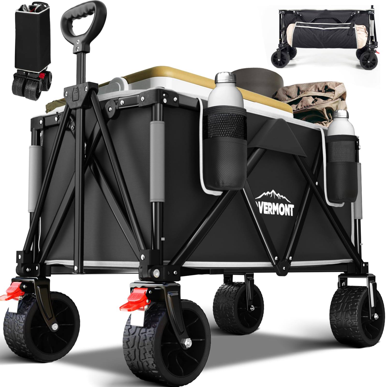 Overmont Collapsible Foldable Beach Wagon with 265lbs Weight Capacity, Heavy Duty Folding Utility Garden Cart with Big All-Terrain Detachable Wheels