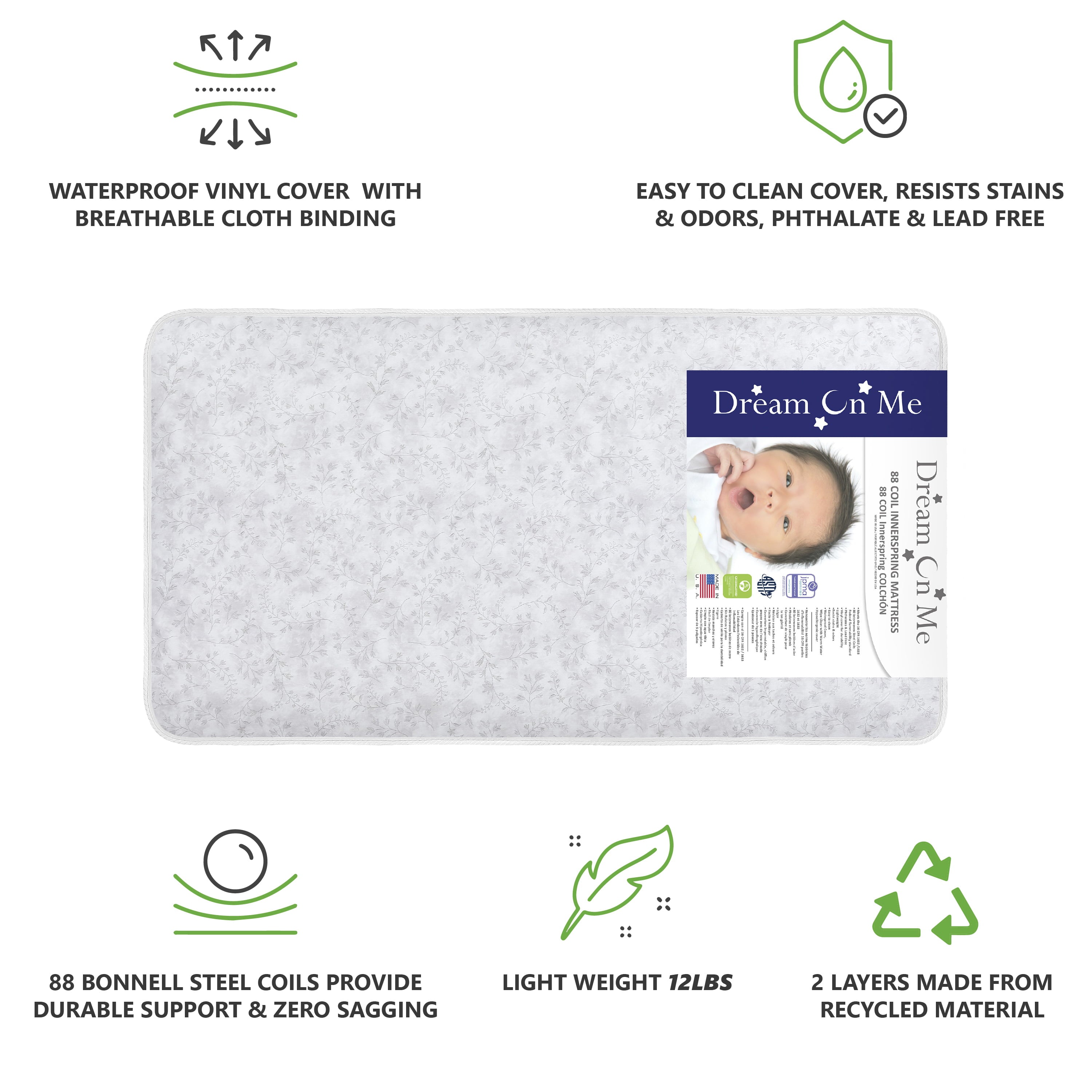 on Me Twinkle 5 88 Coil Crib and Toddler Mattress. Morning Mist Floral. Greenguard Gold Certified