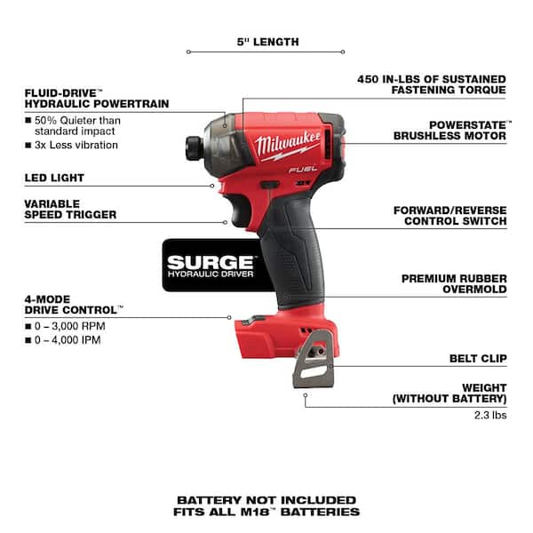 M18 FUEL SURGE 18V Lithium-Ion Brushless Cordless 1/4 in. Hex Impact Driver w/One 5.0Ah and One 2.0Ah Battery Charger