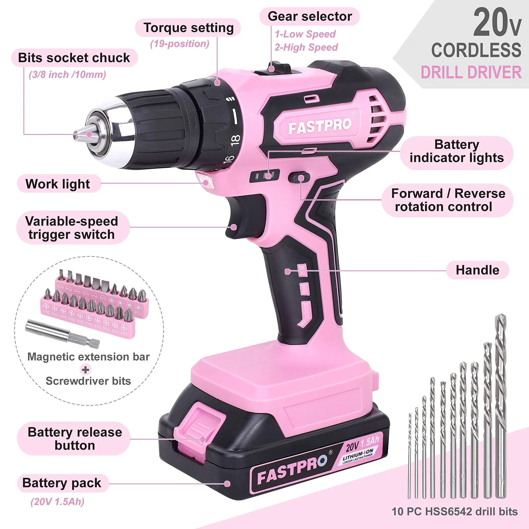 FASTPRO 232 Piece Cordless Drill Driver and Home Tool Set