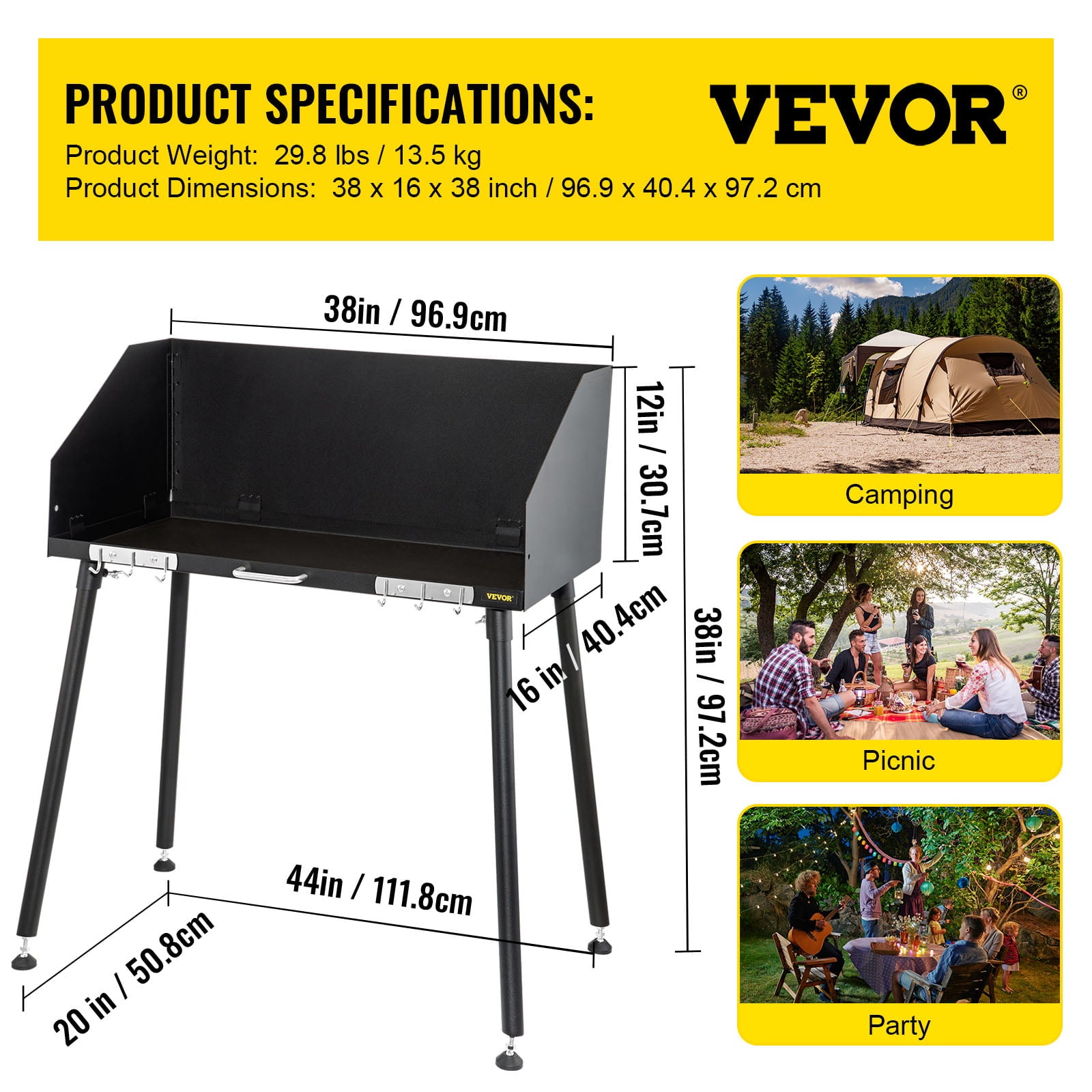 Carbon Steel Camp Cooking Table 38 x 16 inch with Three-Sided Windscreen and Legs for Outdoor Food Preparation and Dutch Oven