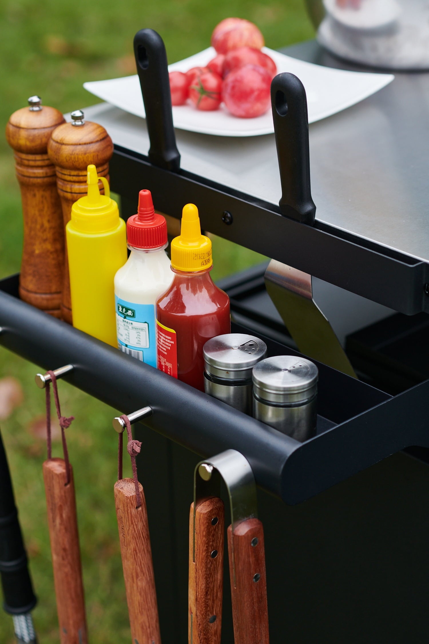 Deluxe 30IN Outdoor Rolling Grill Cook Station. Bar Table with Patio Storage Cabinet and Outdoor Dining Table. Black