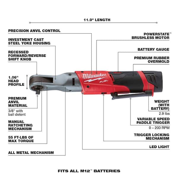 M12 FUEL 12V Lithium-Ion Brushless Cordless 3/8 in. Ratchet with M12 2.0Ah Battery