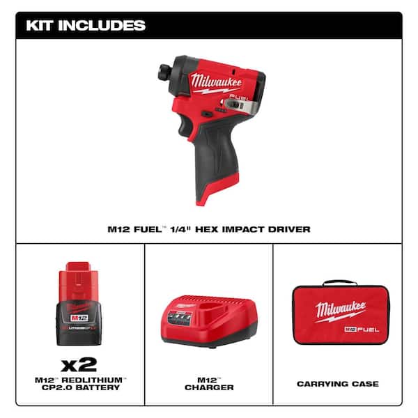 M12 FUEL 12V Lithium-Ion Brushless Cordless 1/4 in. Hex Impact Driver Kit w/Two 2.0Ah Batteries. Charger&Soft Case