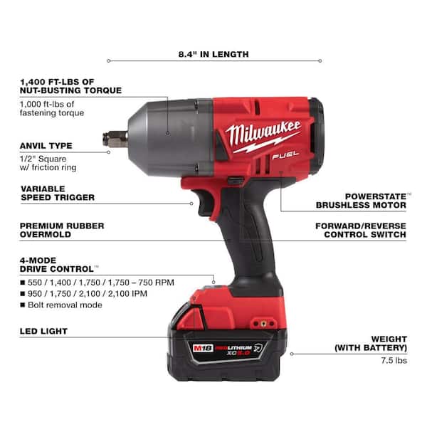 M18 FUEL 18V Lithium-Ion Brushless Cordless 1/2 in. High-Torque Impact Wrench with Grease Gun Kit. Resistant Batteries