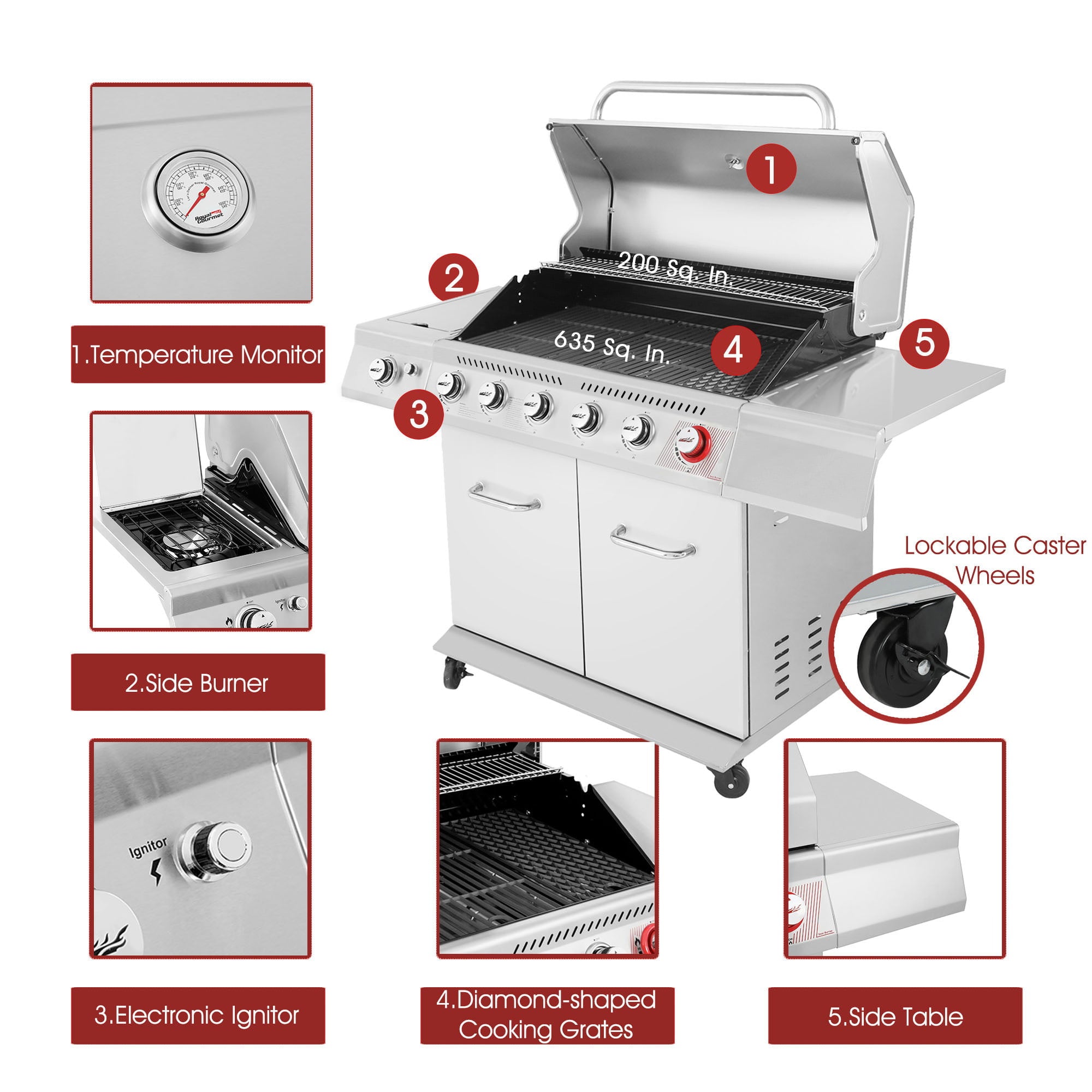 Gourmet GA6402S Stainless Steel Gas Grill. Premier 6-Burner BBQ Grill with Sear Burner and Side Burner. 74.000 BTU. Cabinet Style. Outdoor Party Grill. Silver