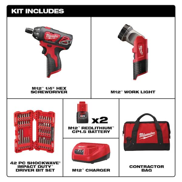 M12 12V Lithium-Ion Cordless 1/4 in. Hex Screwdriver/LED Worklight Kit with (2) 1.5Ah Batteries.Bit Set & Bag