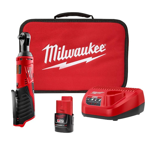 M12 12V Lithium-Ion Cordless 3/8 in. Ratchet Kit with One 1.5 Ah Battery. Charger and Tool Bag-Instock