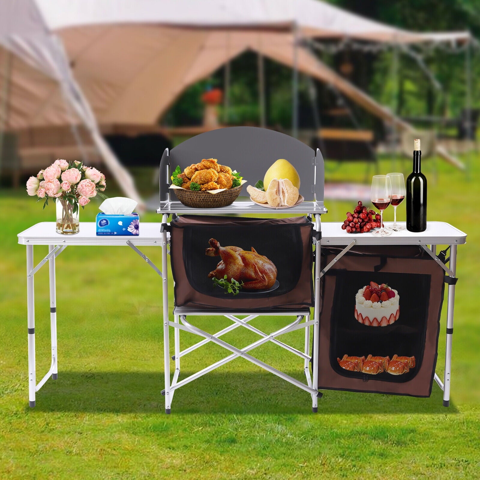 Camping Table with Storage Organizer and Windscreen Portable Outdoor Cooking Table Foldable Camp Table Camping Kitchen Station with 2 Side Tables for BBQ Grill Picnics