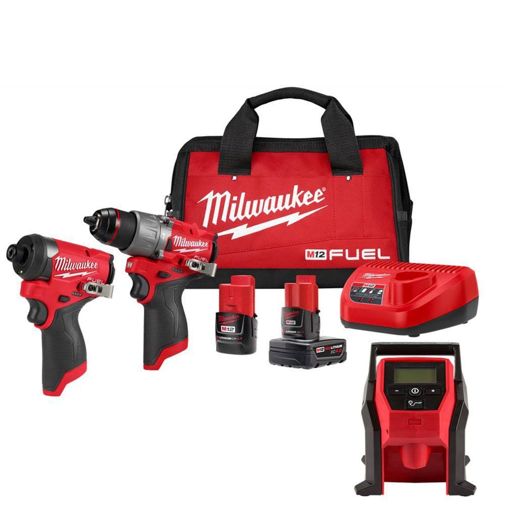 Milwaukee M12 Fuel 12-Volt Lithium-Ion Brushless Cordless Hammer Drill and Impact Driver Combo Kit (2-Tool) with Compact Inflator
