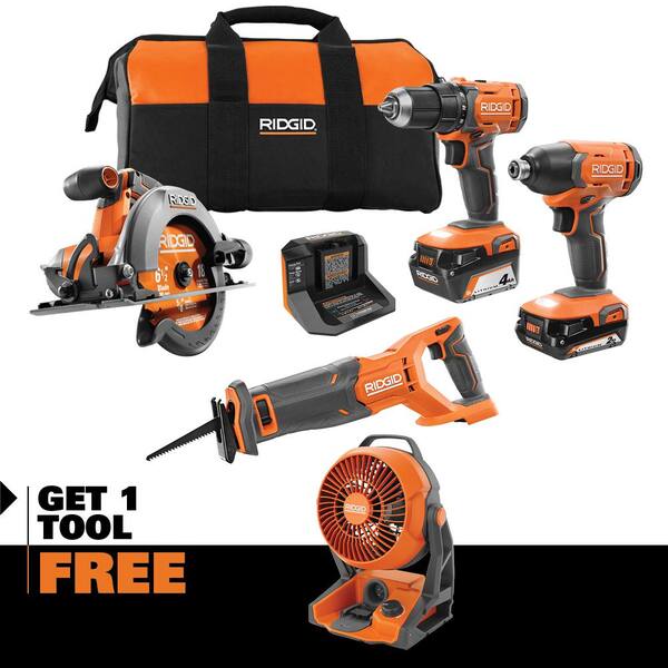 18V Cordless 4-Tool Combo Kit with 4.0 Ah Battery. 2.0 Ah Battery. Charger. Bag and 18V Hybrid Fan