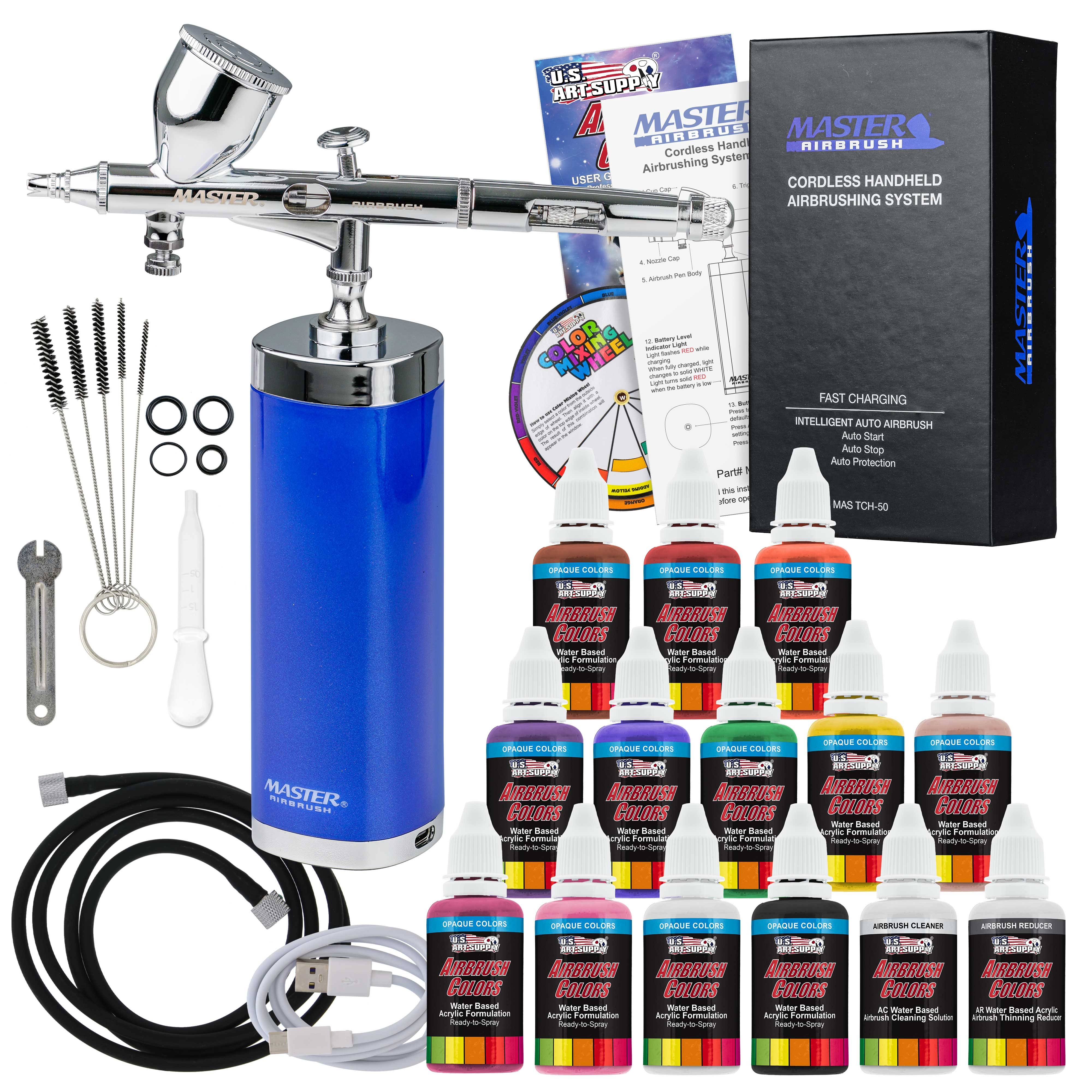 Master Airbrush Powerful Cordless Handheld Acrylic Paint Airbrushing System with 12 Primary Opaque Paint Colors, Reducer Cleaner Kit - 20 to 36 psi, R