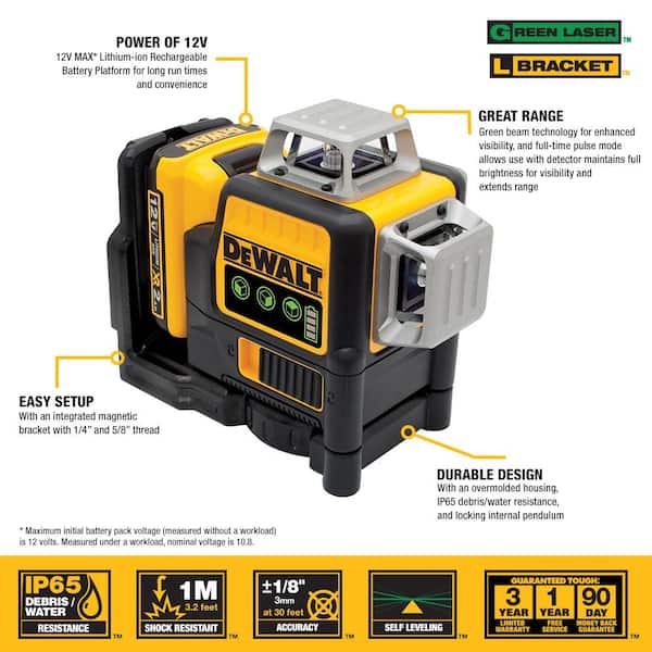 12V MAX Lithium-Ion 100 ft. Green Self-Leveling 3-Beam 360 Degree Laser Level with 2.0Ah Battery. Charger and Case