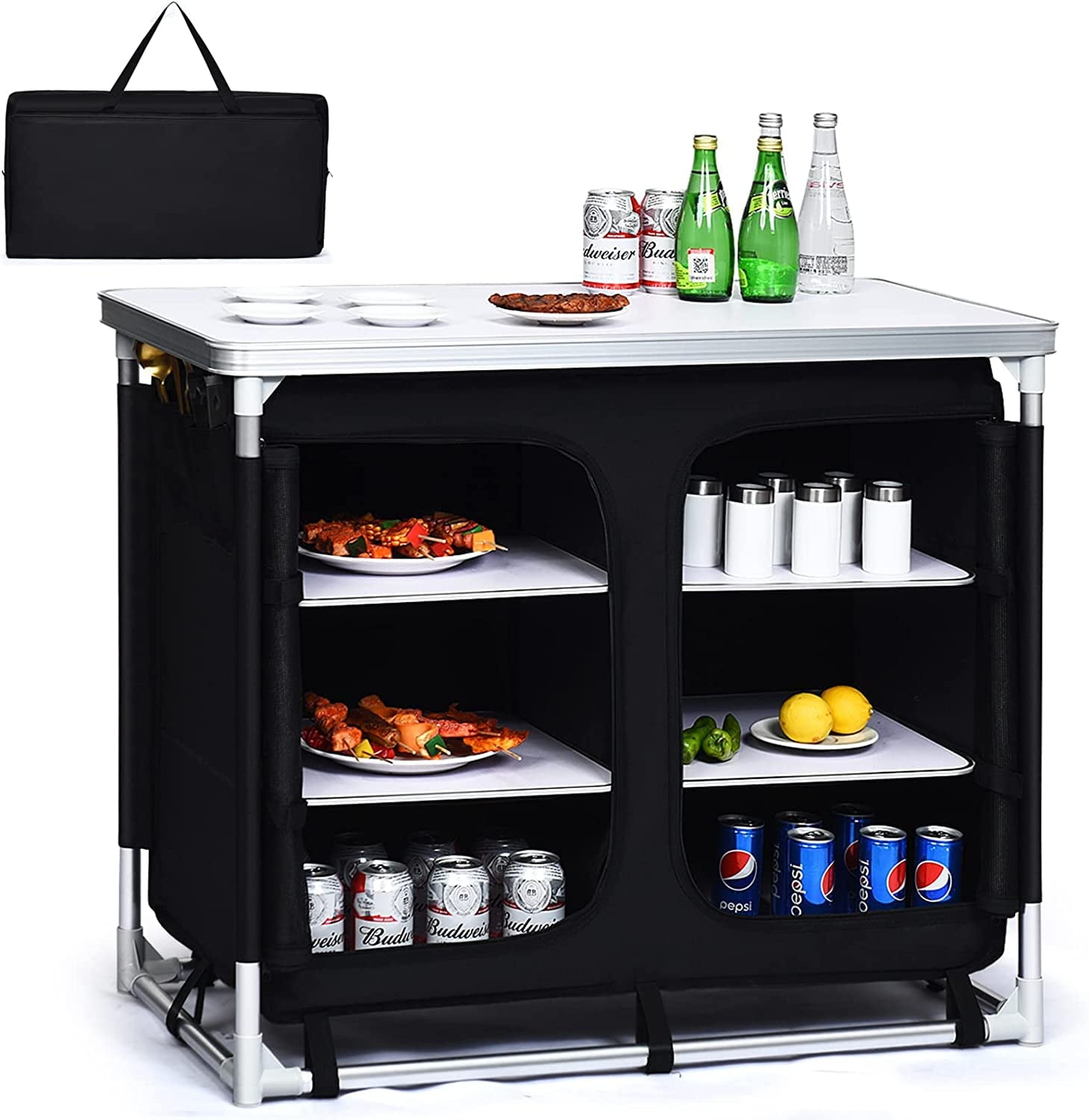 Cook Table Kitchen Station with Storage Organizer and Carrying Bag. for BBQ Party. Picnics. Backyards. Tailgating. Portable. Black