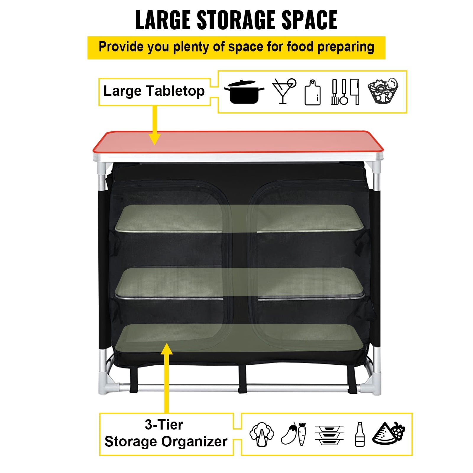 Camping Kitchen Station. Aluminum Portable Folding Cook Table with Storage Organizer and Carrying Bag. Quick Installation for Outdoor BBQ Party Backyards and Tailgating. Black