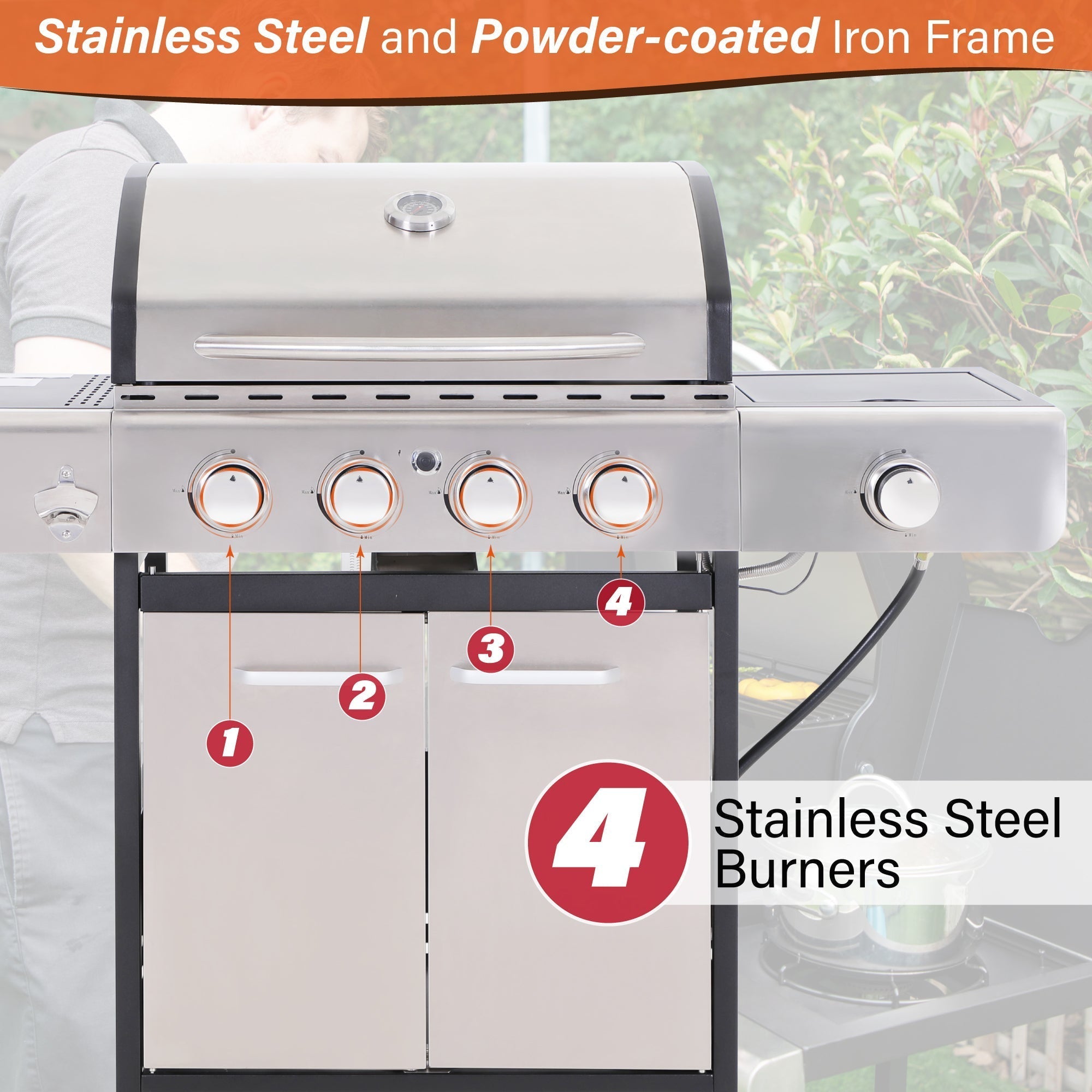 Stainless Steel Portable 4-Burner Propane Gas Grill with Side Burner