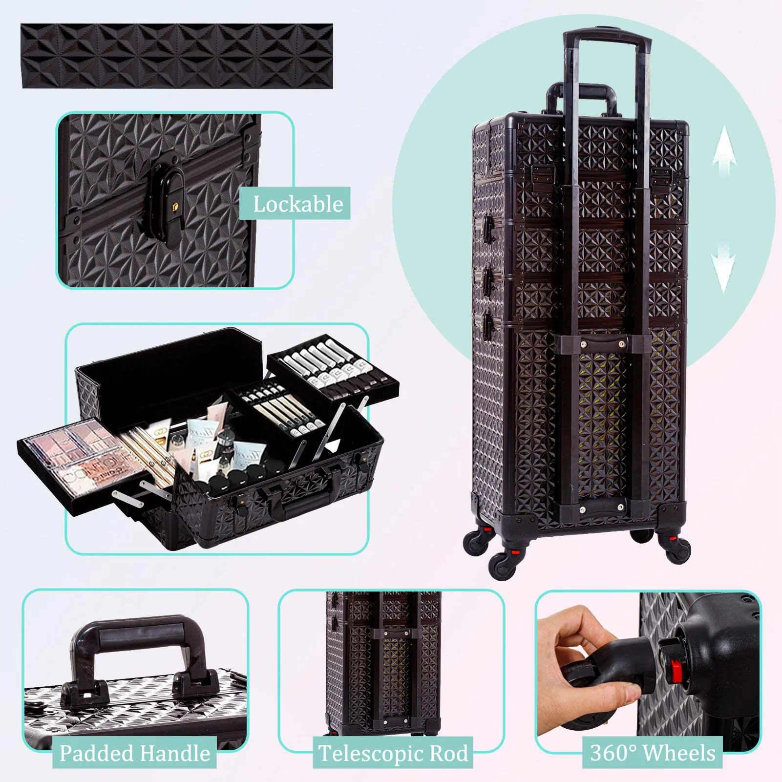 AROUS 5 in 1 Professional Makeup Train Case with 360� Swivel Wheels
