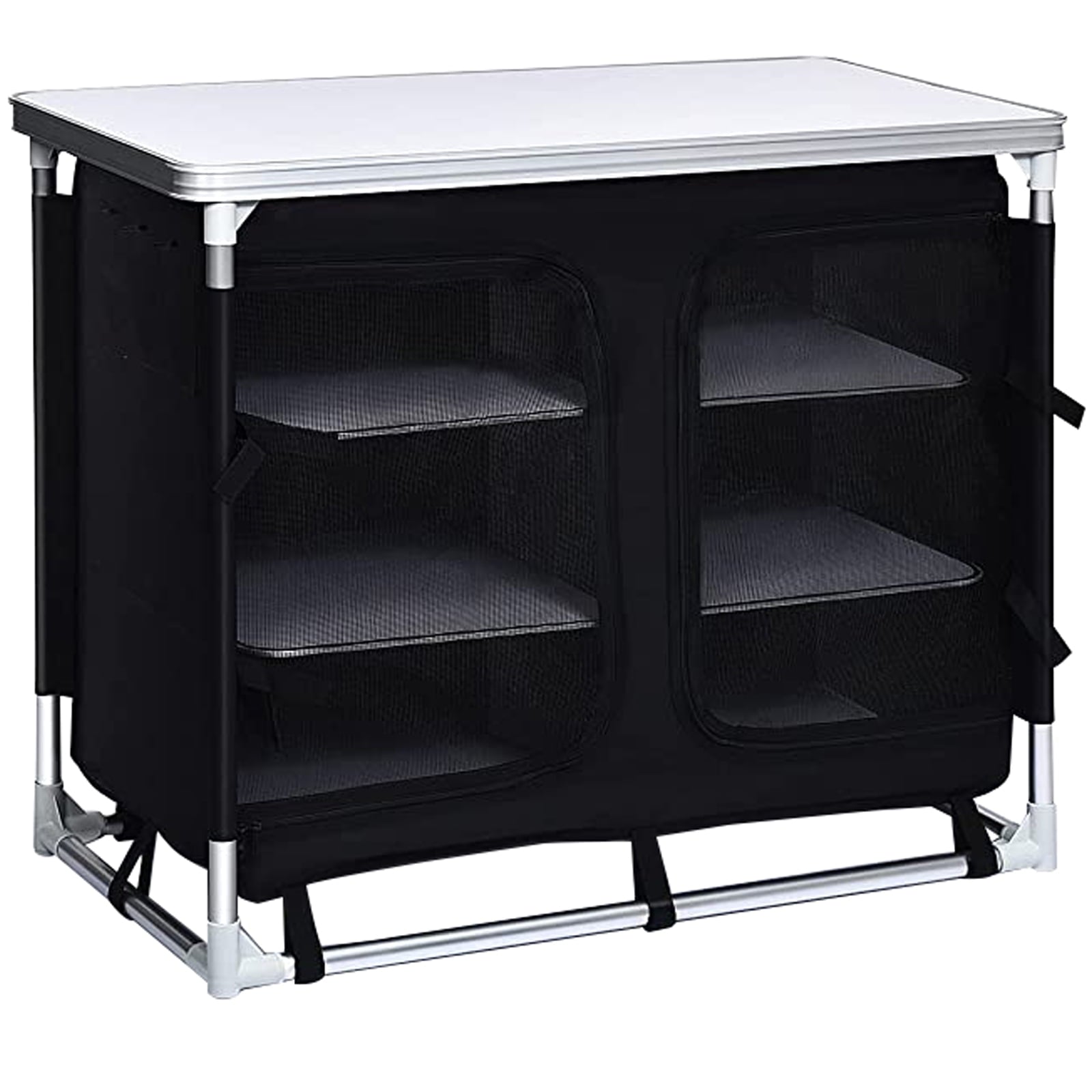 Camping Kitchen Station. Aluminum Portable Folding Cook Table with Storage Organizer and Carrying Bag. Quick Installation for Outdoor BBQ Party Backyards and Tailgating. Black